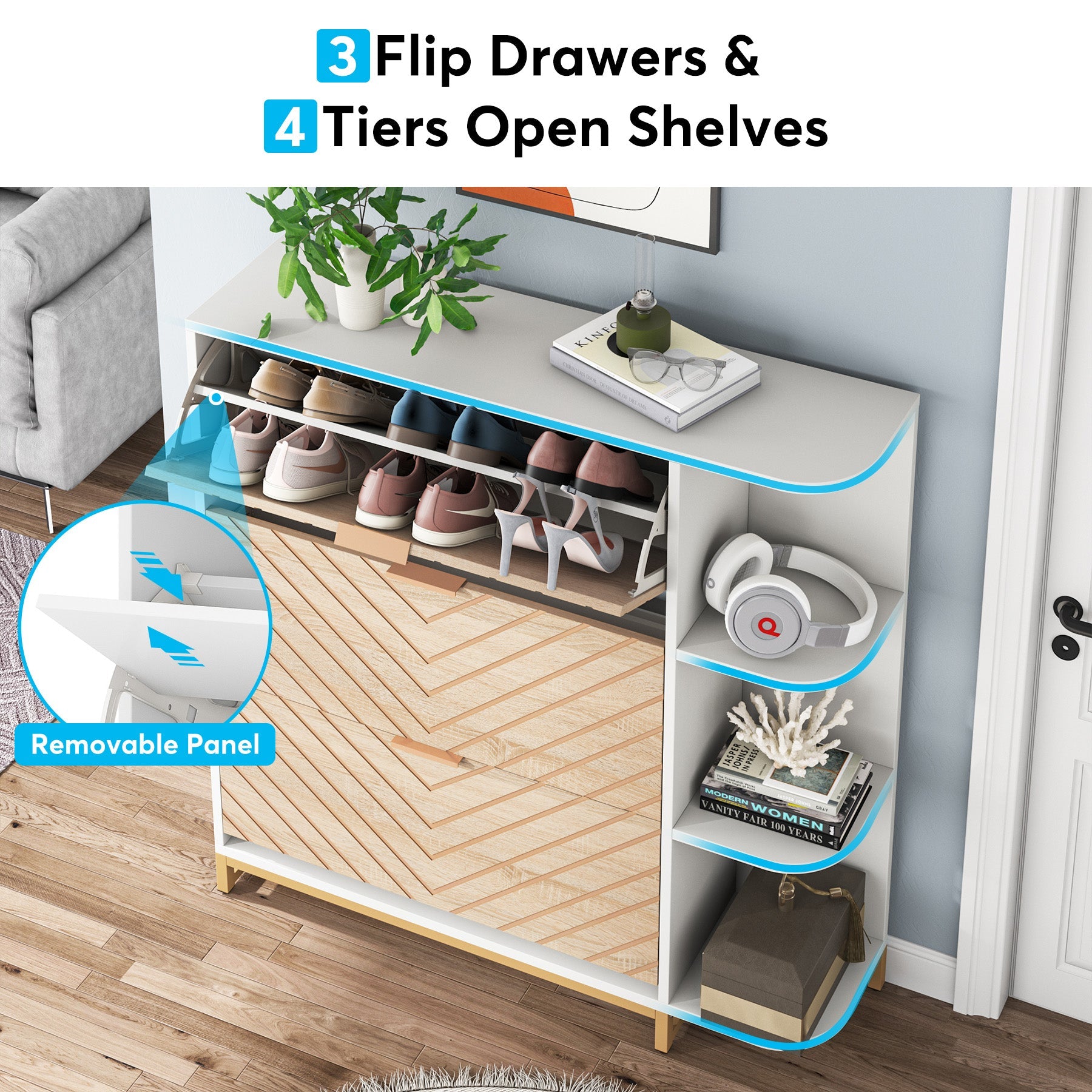 Modern Shoe Cabinet, Shoe Organizer with 3 Flip Drawers & Open Shelves (in cm)