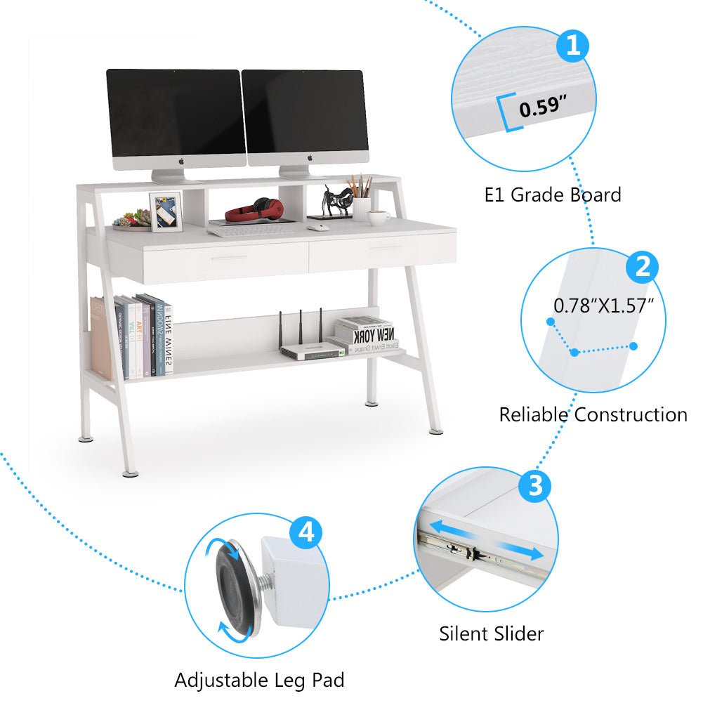 White Computer Desk, 120 cm Writing Desk with Storage Shelf & Drawers