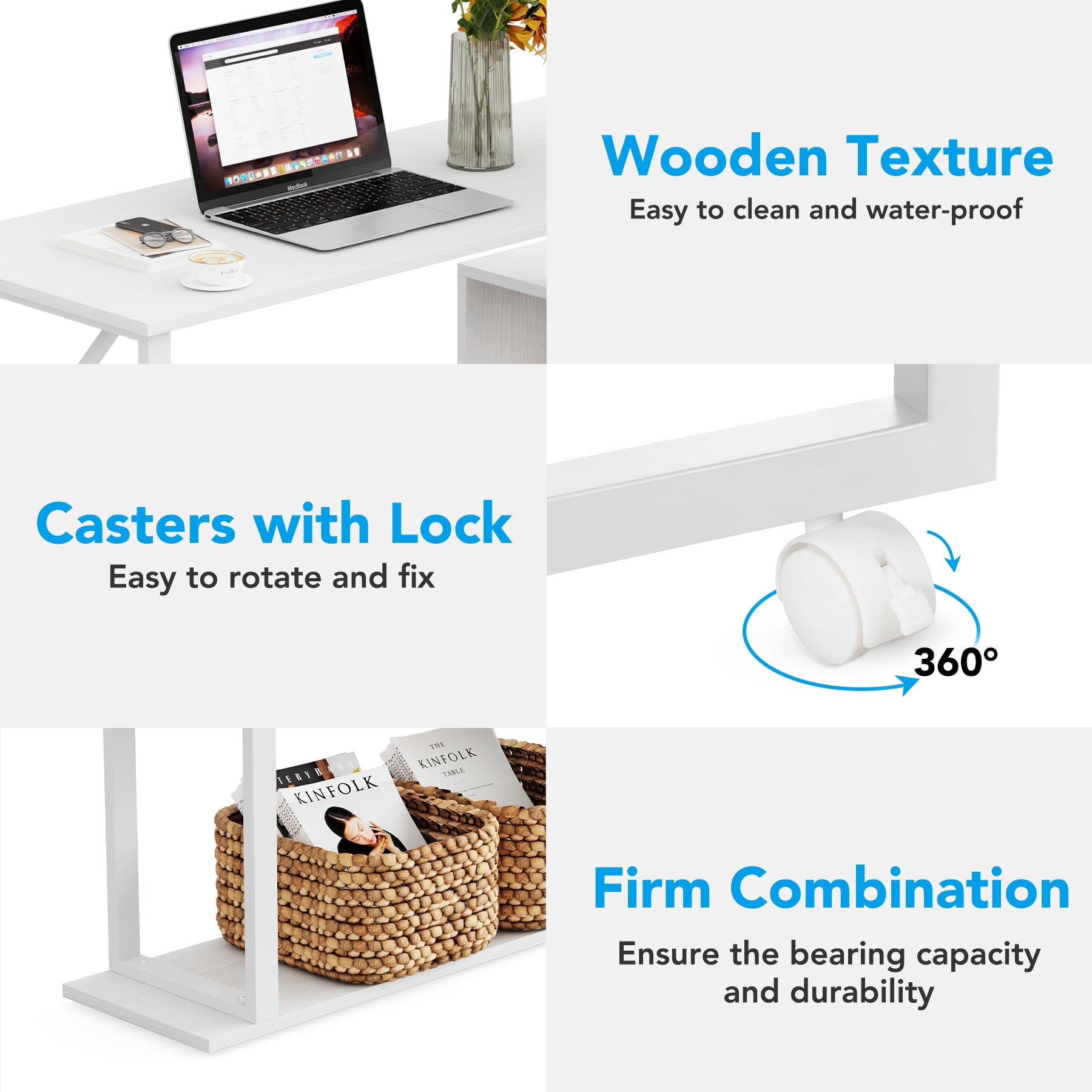 Rotating Desk with 5-Tier Bookshelf, Reversible Computer Desk with Wheels (in cm)