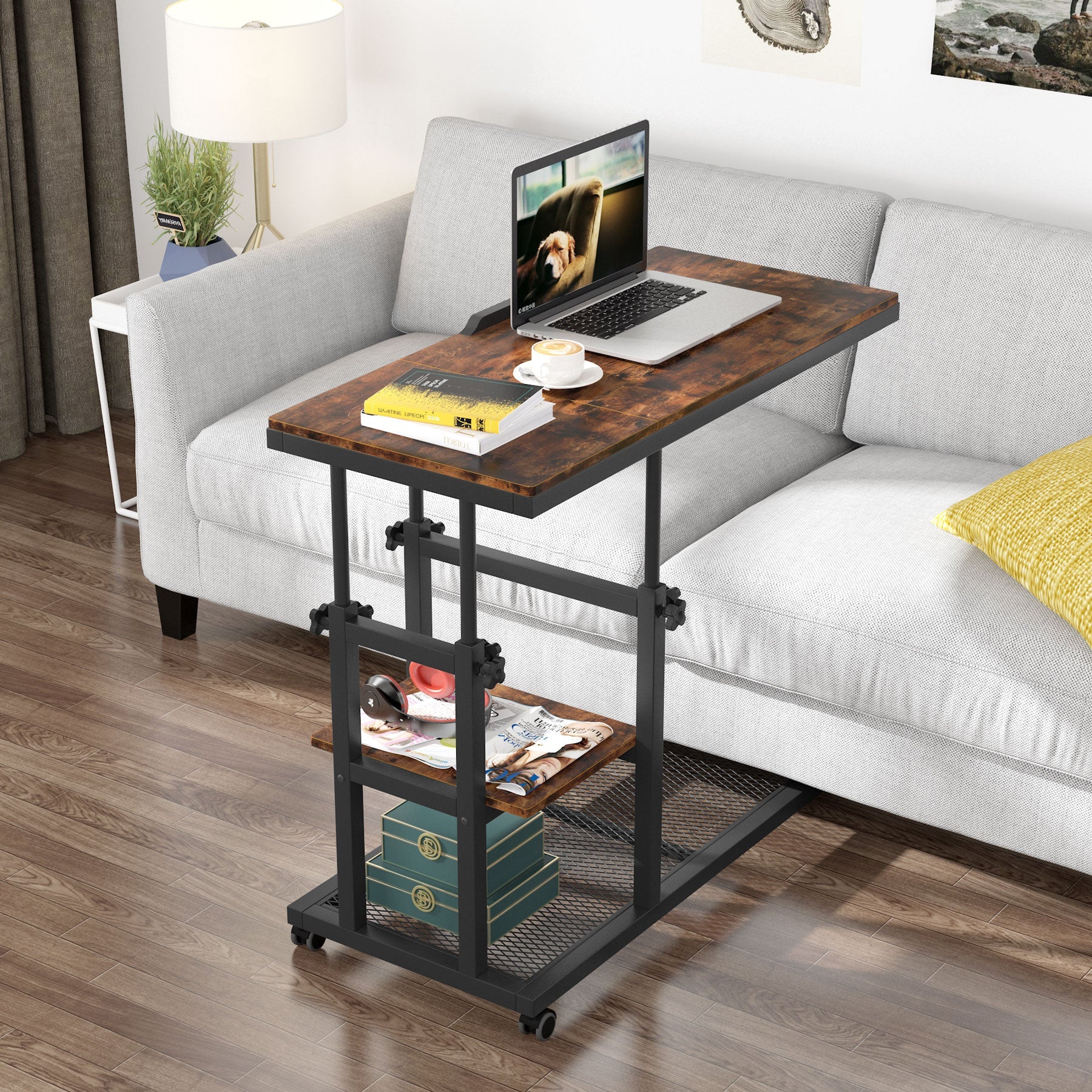 Height Adjustable C Table, Mobile Side Table with Tiltable Drawing Board