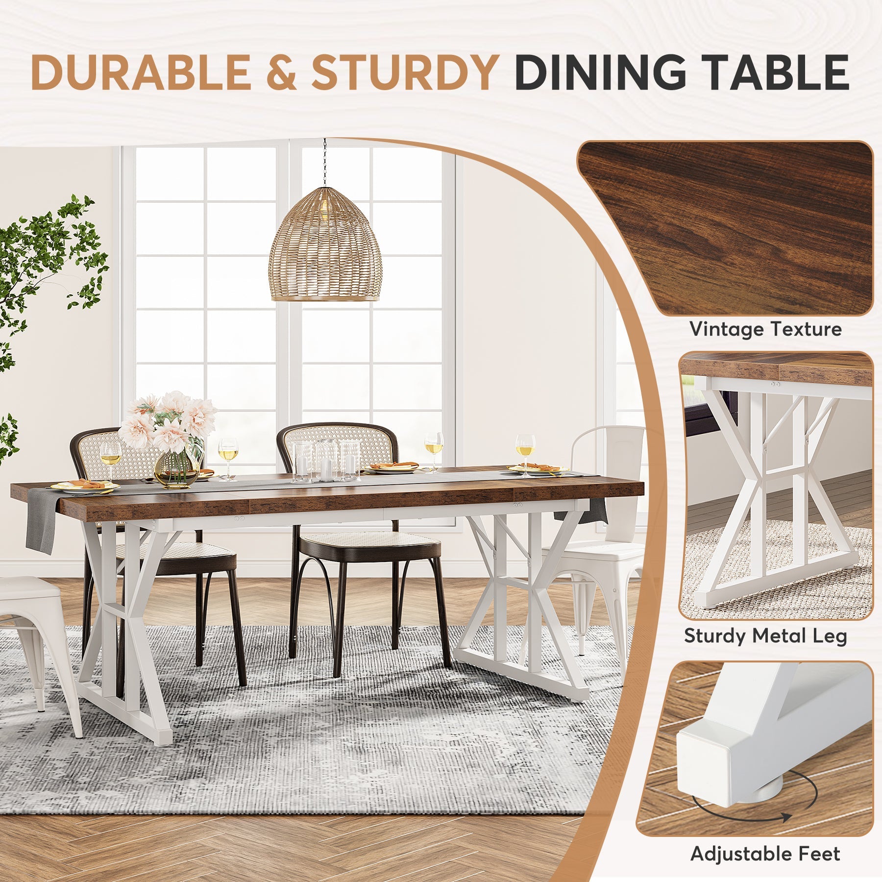 Wood Dining Table, Farmhouse 180 cm Kitchen Table for 6 People