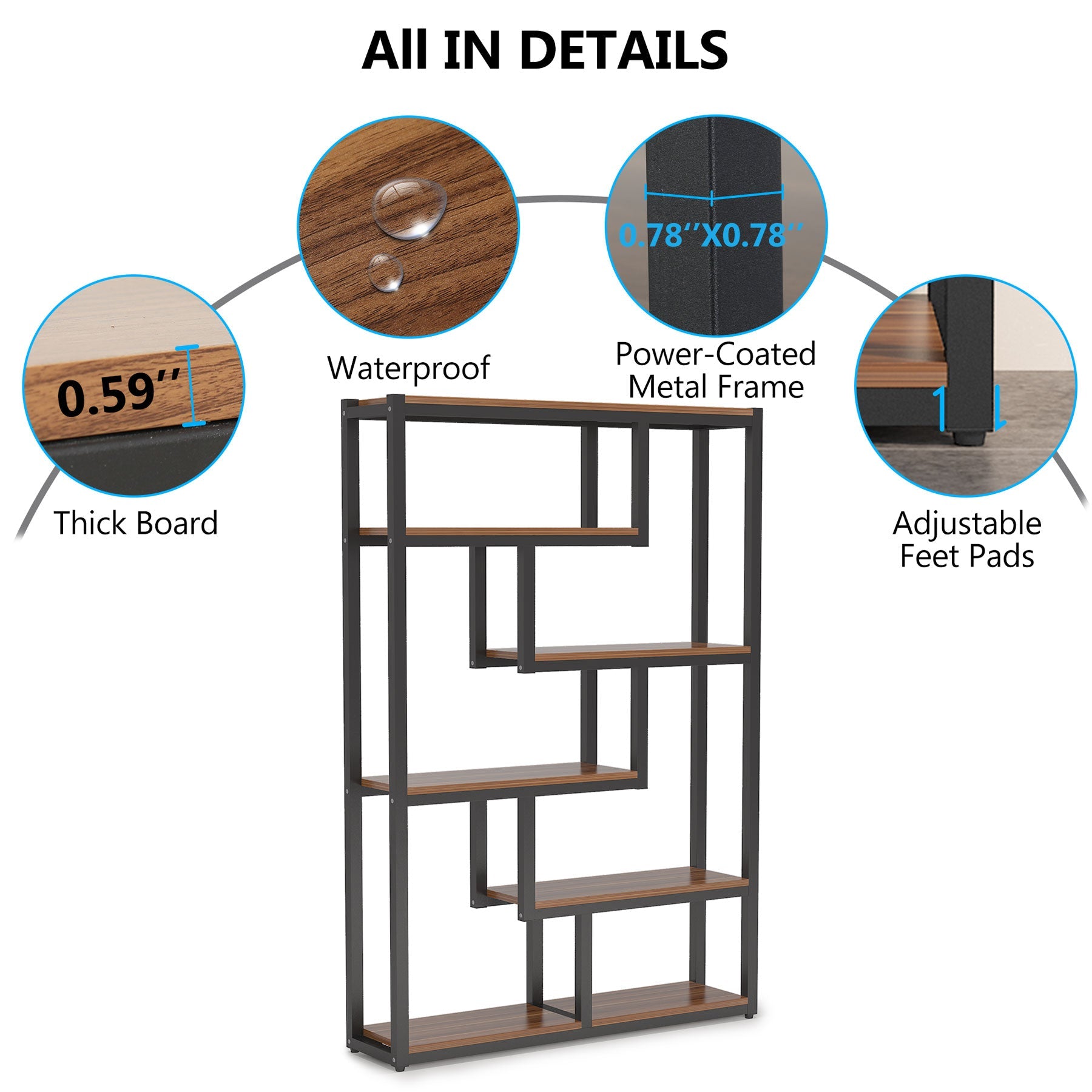 6-Tier Bookshelf, 175 cm Industrial Etagere Bookcase with Staggered Shelves