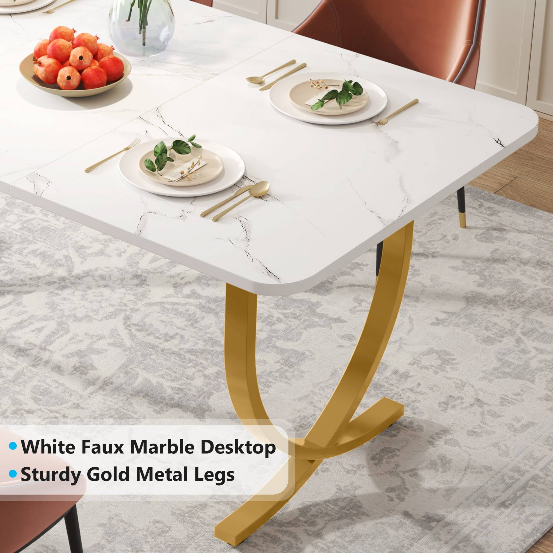 160 cm Modern Dining Table Kitchen Table with Faux Marble Table Top