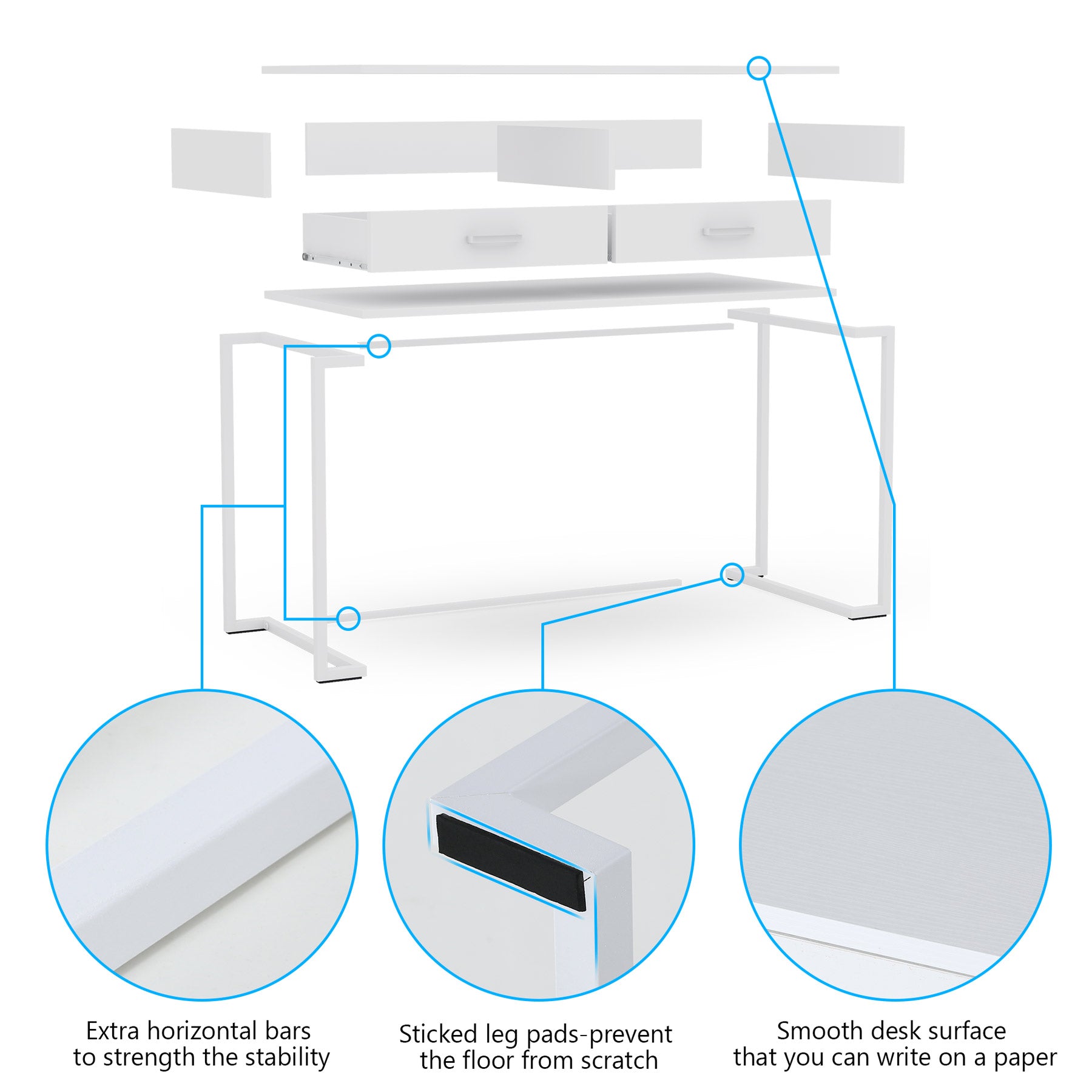 99 cm Computer Desk with Drawers, Modern Writing Desk Study Desk