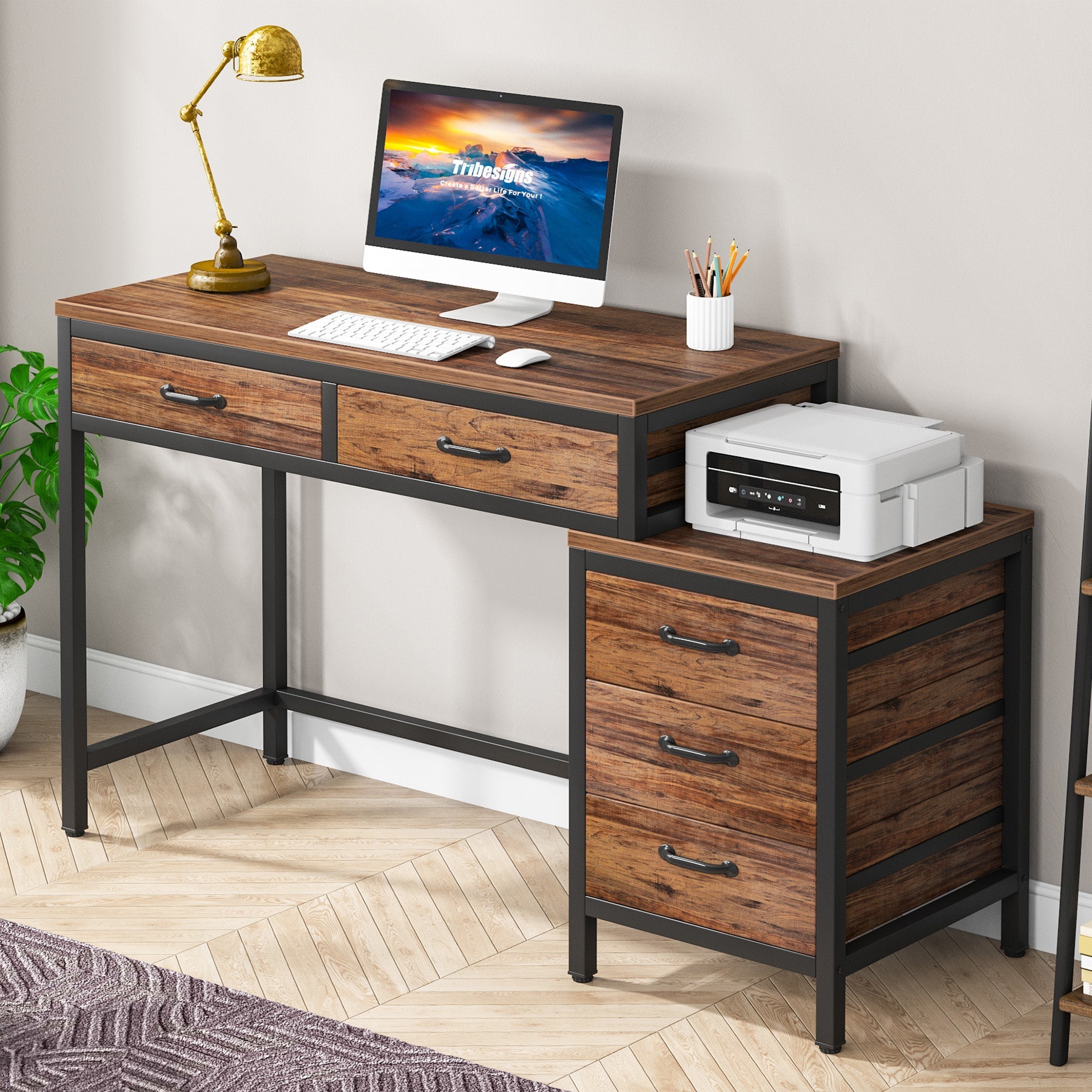 5-Drawer Computer Desk, Study Writing Table with Reversible Drawer Cabinet (Approx. 127 cm)