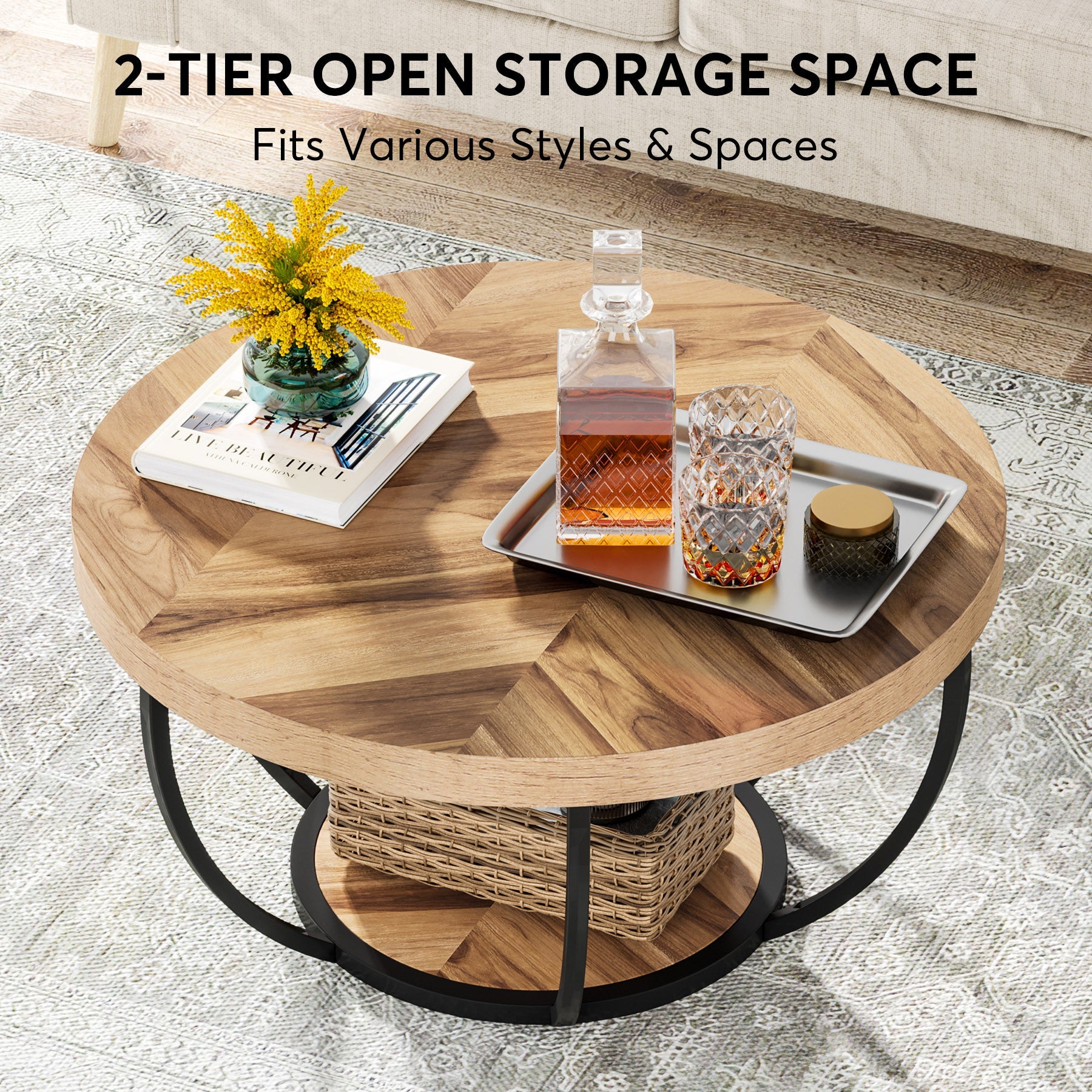 Wooden Coffee Table, 2-Tier Round Central Cocktail Table with Shelves (cm)