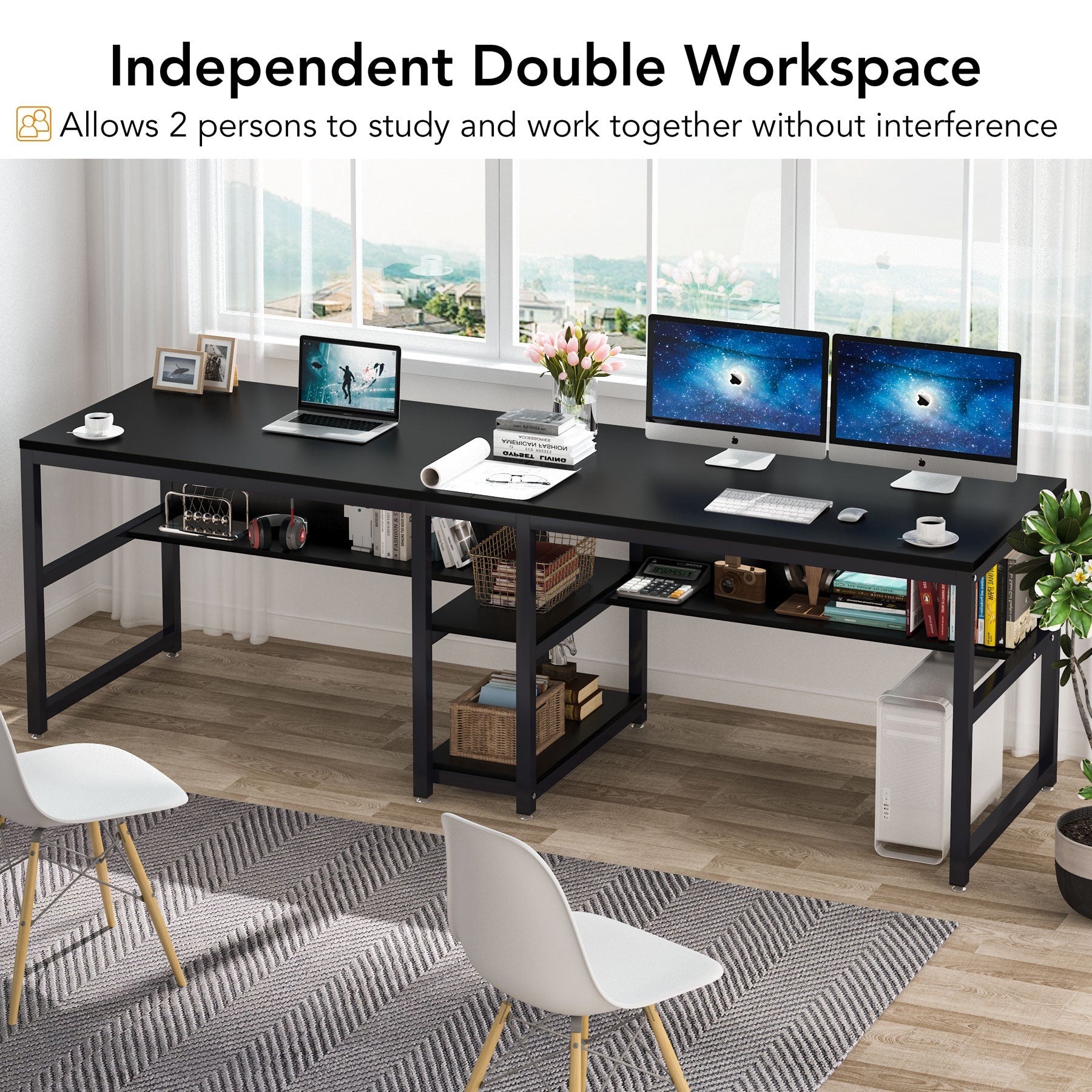 200 cm Two Person Desk, Computer Desk Double Workstation with Shelves