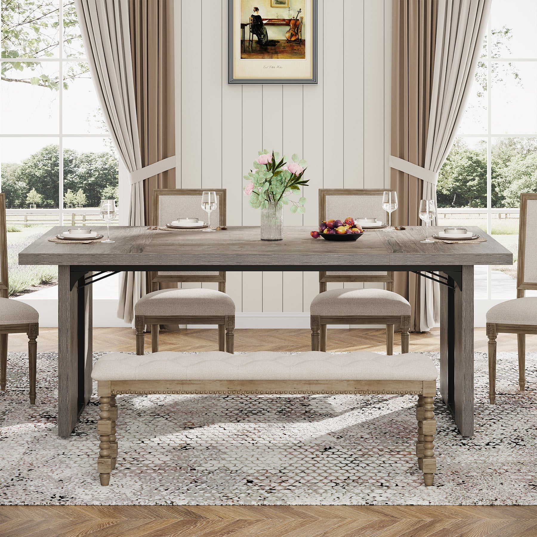 Rectangular Dining Table, 180 cm Farmhouse Breakfast Table for 6 to 8 People