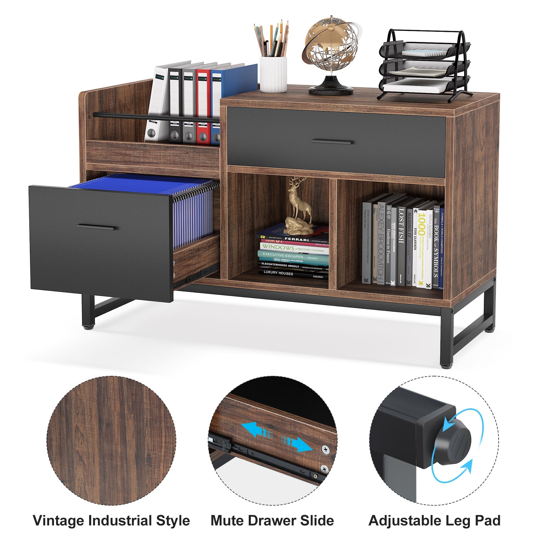 99 cm File Cabinet, Rustic Lateral Filing Cabinet with 2 Drawers