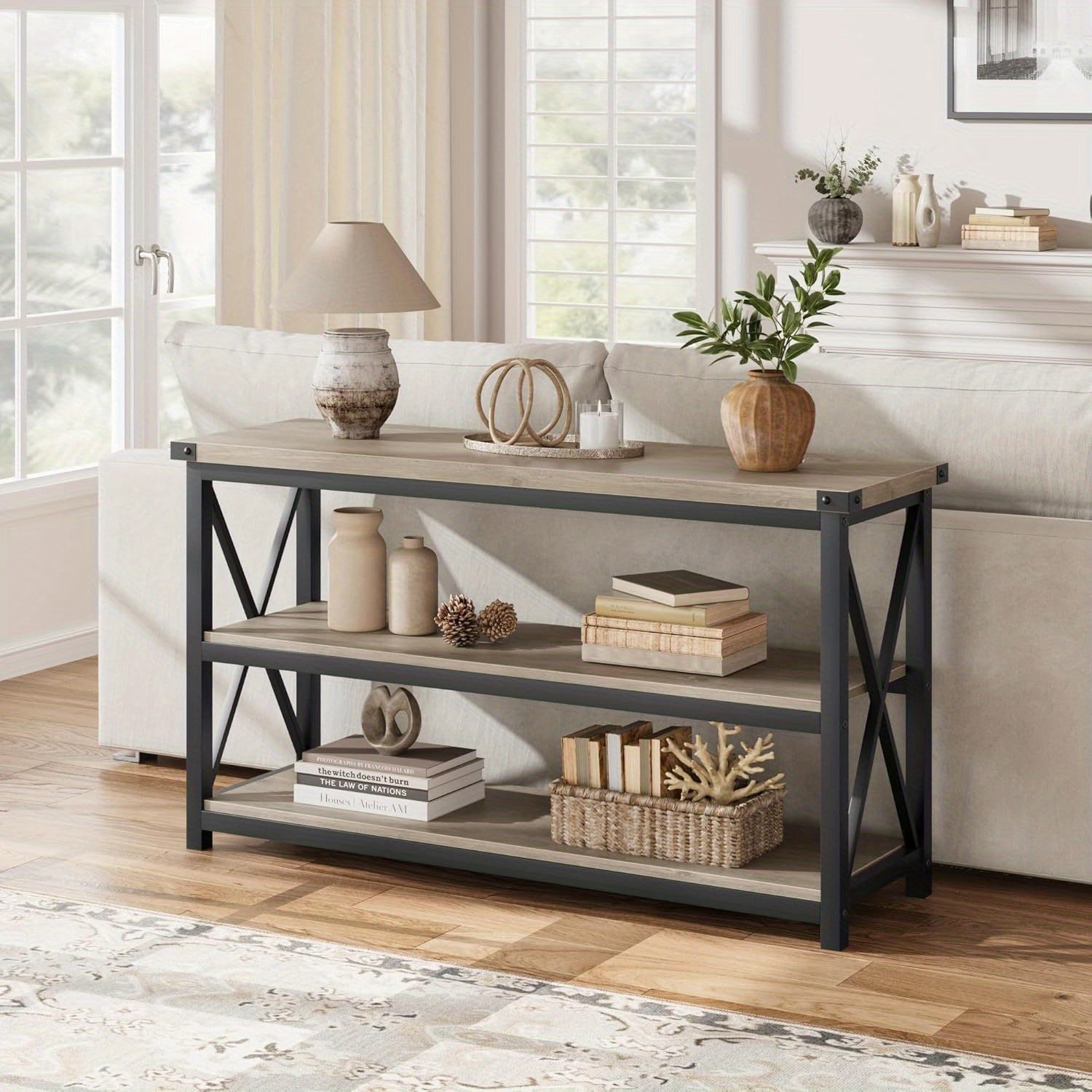 119 cm Entryway Table, Narrow Long Console Table with Storage, 3 Tier Wood Sofa Table for Living Room, Industrial Behind Couch Table, Hallway Table for Foyer, Entryway Furniture - Grey