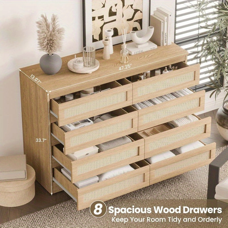 Rattan Dresser for Bedroom, Modern 8 Drawer Wooden Dresser Chest, Wide Wood Beside Table for Closet, Nursery, Living Room and Entryway, Natural