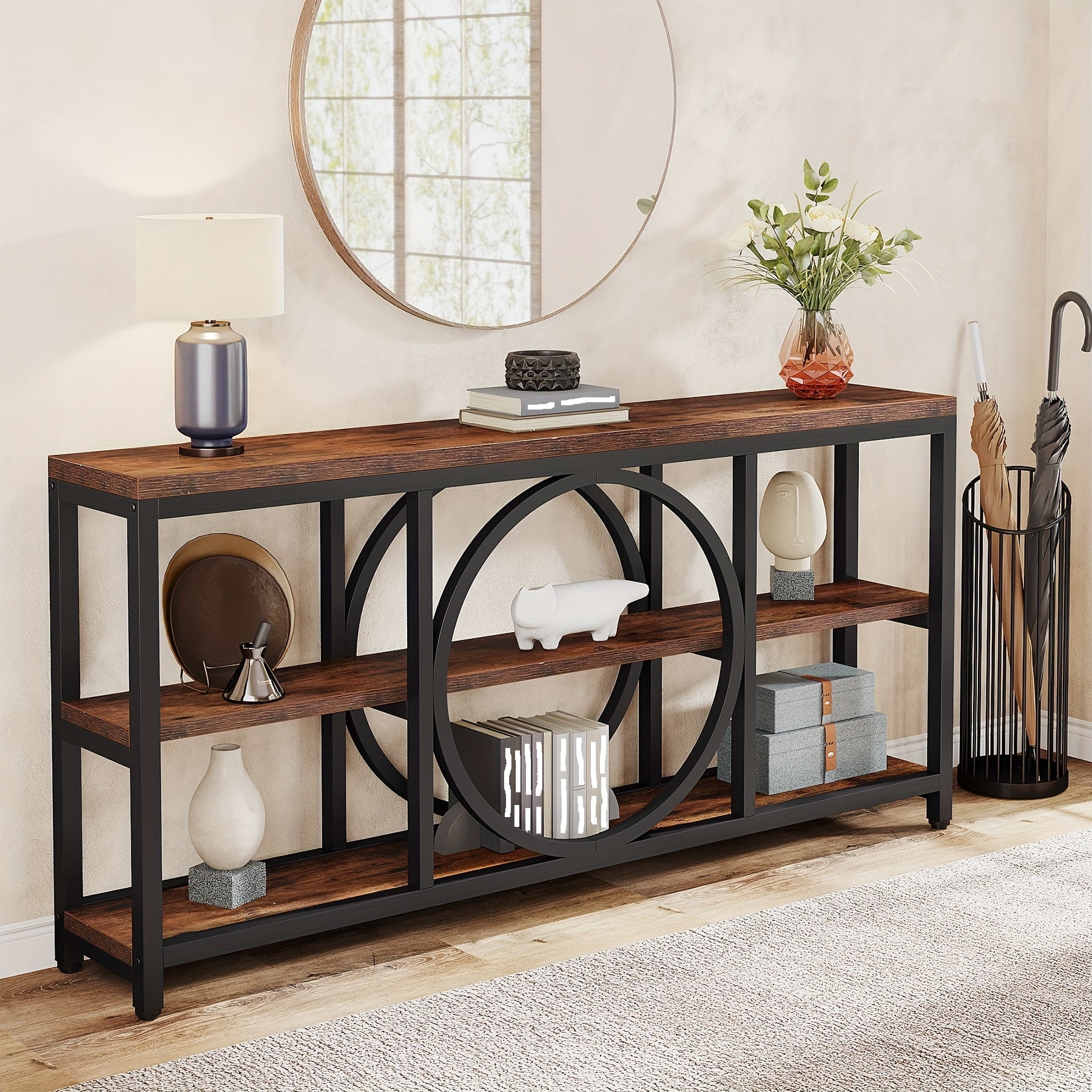 Rustic Brown & Black 180 cm Extra Long Console Table with 3-Tier Storage Shelves - Durable MDF Top, Industrial Metal Frame for Entryway, Living Room, or Behind Couch, Christmas Renewals, Narrow Sofa Tables