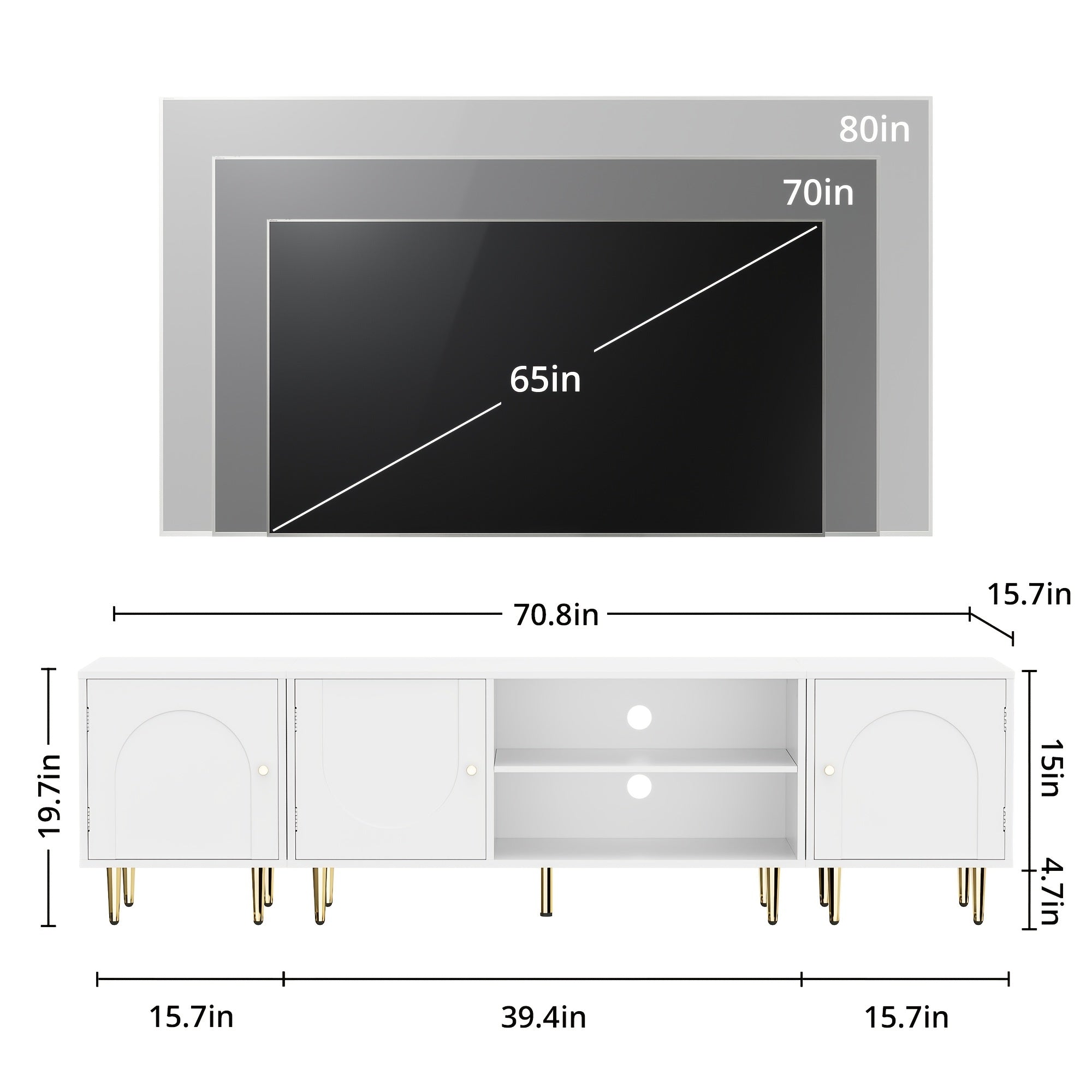 1pc Modern White TV Stand for 75" TV, MHOM 71" Entertainment Center with Storage Side Cabinets, Freestanding Media Console with Open Shelves, Raised Panel Doors, ≥3.2 Cubic Feet Storage Capacity, Easy Assembly