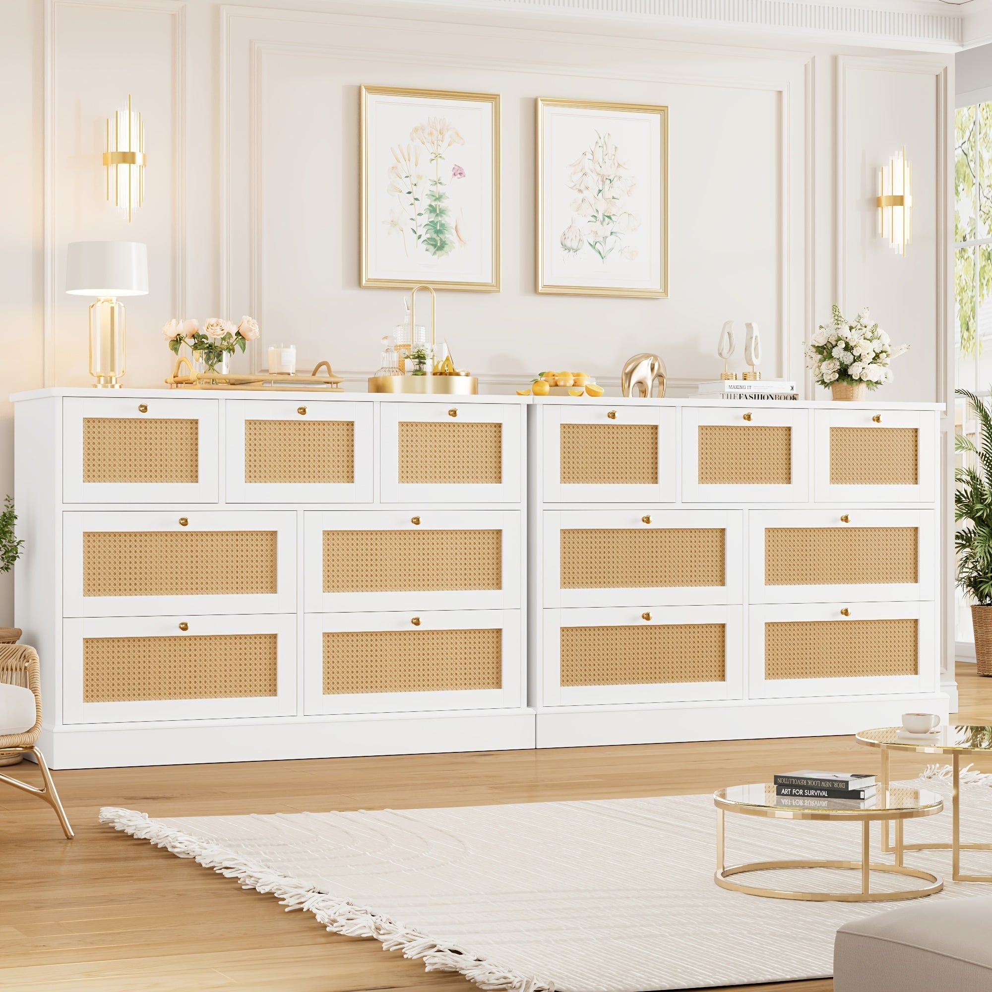 1pc Modern White Rattan Dresser with 7 Drawers - Wall Mount, No Wood, Electricity-Free, Spacious Closed Storage <3.2 Cubic Feet, Sturdy Over 27" Height, Golden Handles, Bedroom Storage Chest