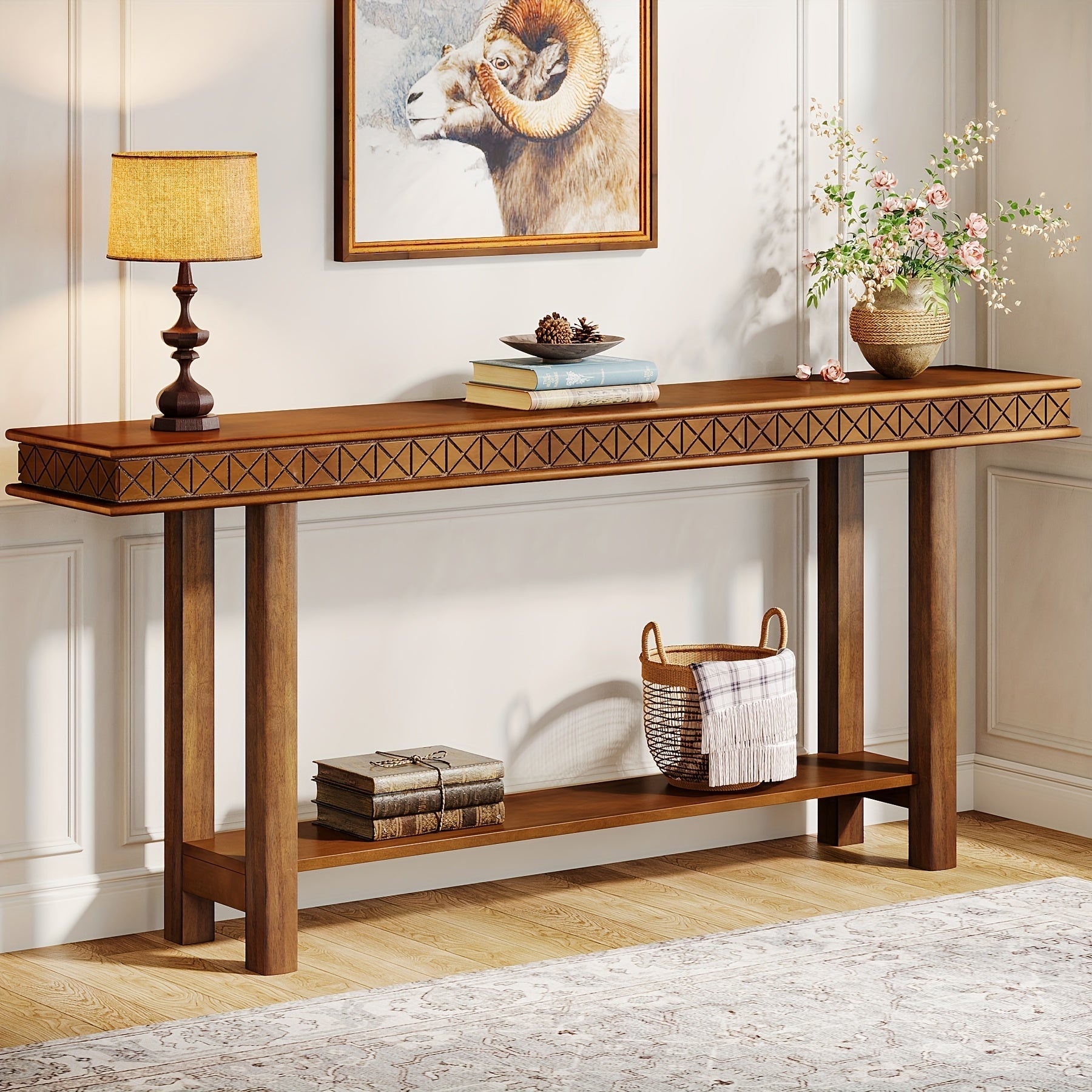 180 cm Extra Long Console Table, Wood Sofa Table Behind Couch Narrow Long, 2-Tier Entryway Accent Table with Storage for Living Room, Hallway, Entrance, Foyer