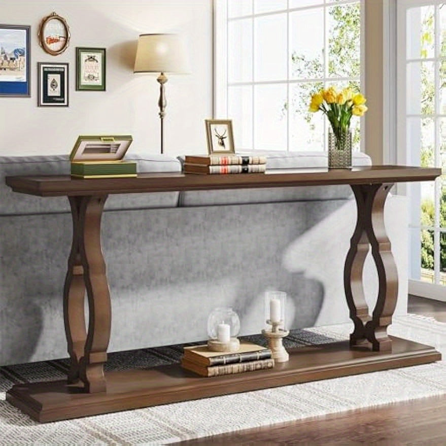 Extra Long Sofa Table Behind Couch, Wood Narrow 2-Tier Entry Console Table with Geometric Shape, Accent Entryway Table with Open Storage Shelves, Hallway, Living Room (in cm)