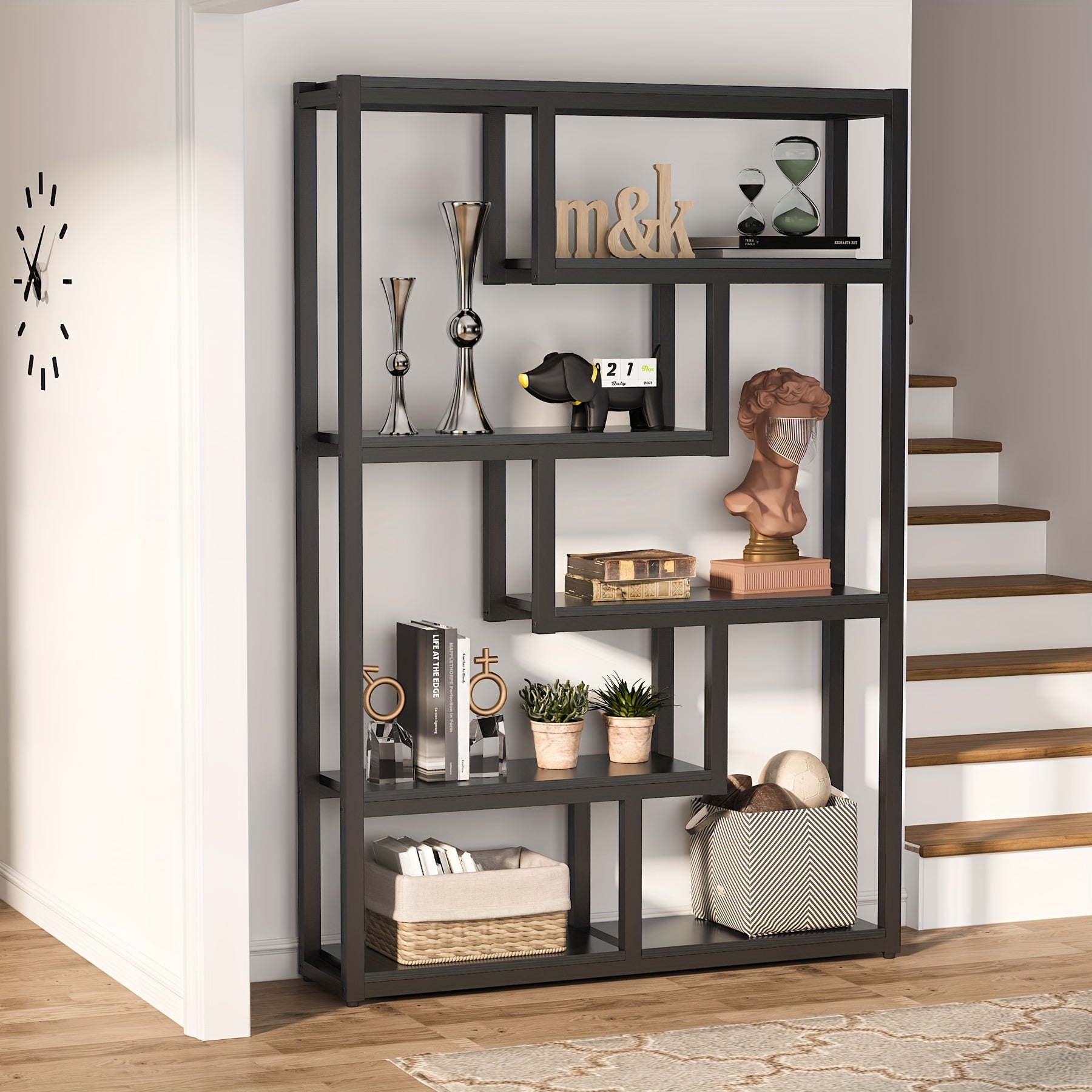 177cm Tall Modern 6-Shelf Bookshelf, Industrial Staggered Etagere Bookcase With Robust Metal Frame For Display And Storage