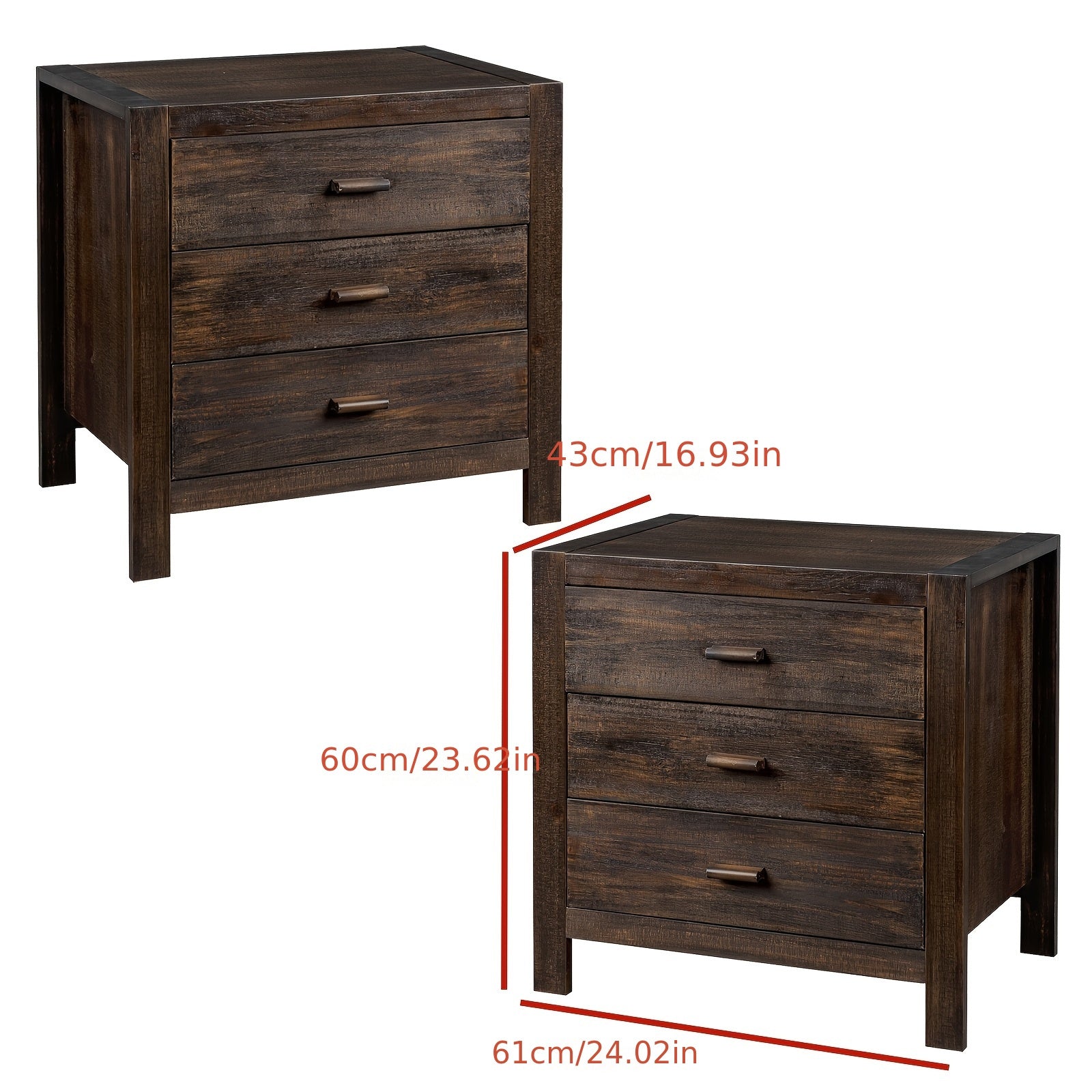 Retro brown density board with solid wood veneer 24.02*16.93*23.62inch 3 drawers bedside table 2pcs