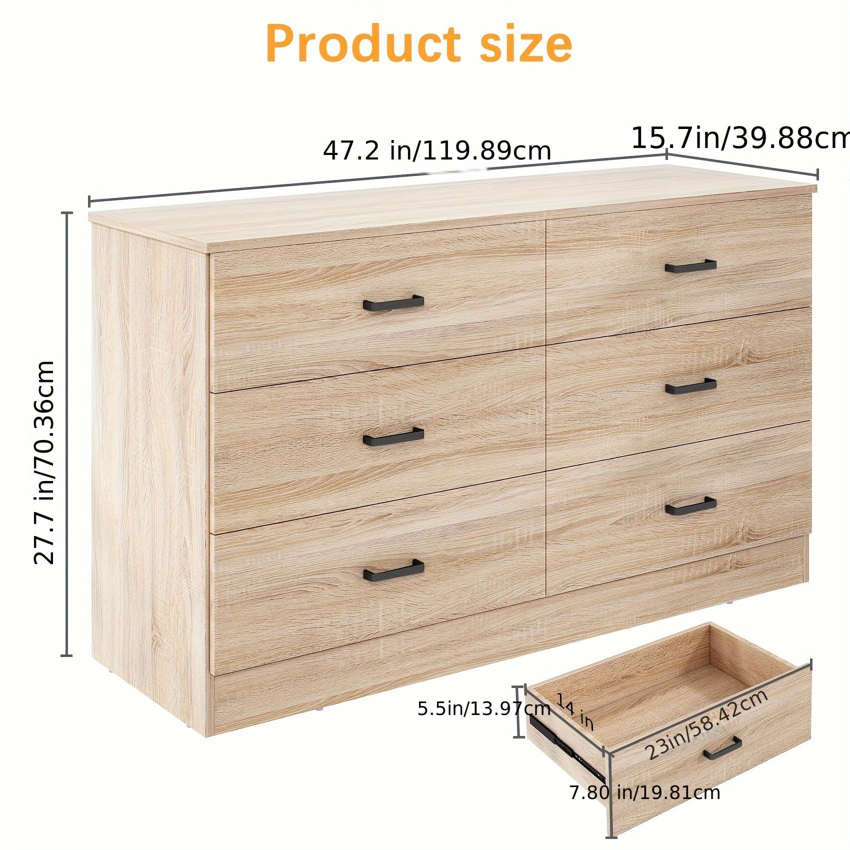 Wood Dresser For Bedroom, 6 Drawer Dresser With Metal Handles, Light Oak Dresser