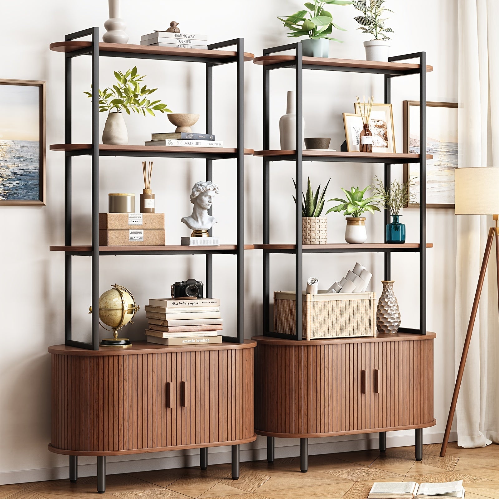 180cm Tall Bookshelf 4 Shelves Bookcase with Storage Cabinet Freestanding Display Bookshelf with Sliding Doors And Adjustable Feet Suitable for Bedroom, Living Room, Home Office Walnut