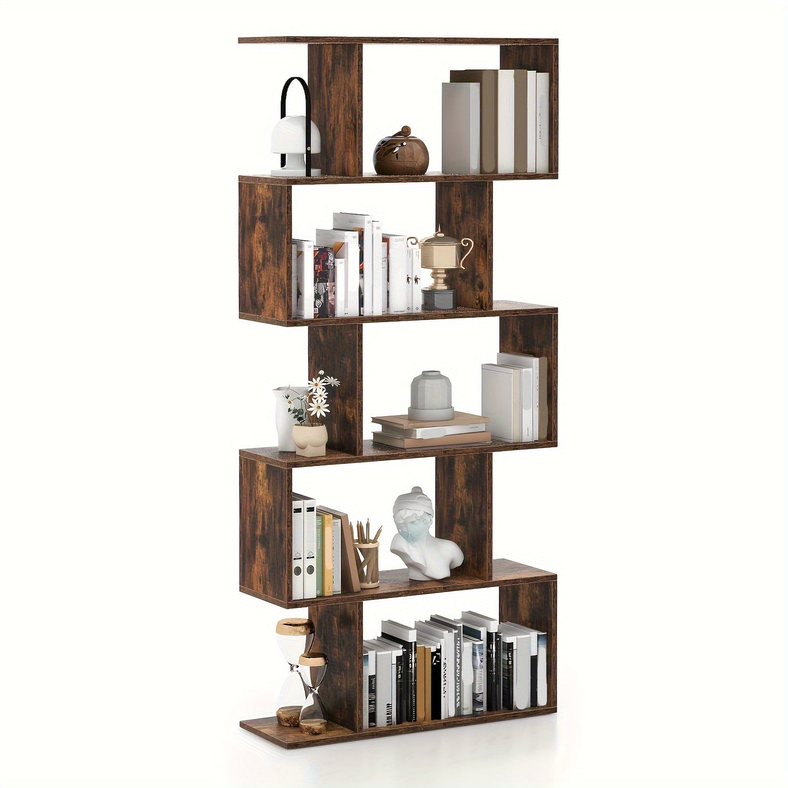 5-Tier Bookshelf Geometric S-Shaped Bookcase Room Divider Storage Display Shelf