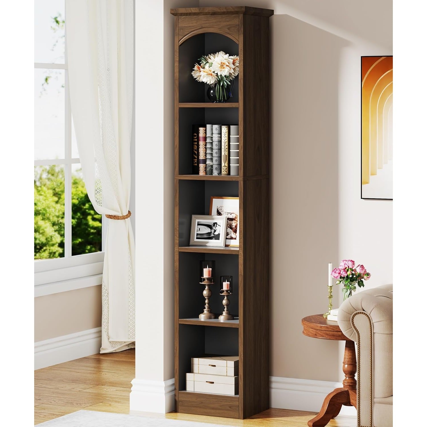 Tall Narrow Bookcase, Multi-Tier Cube Bookshelf with Storage, Modern Slim Corner Display Shelves for Home Office, Living Room