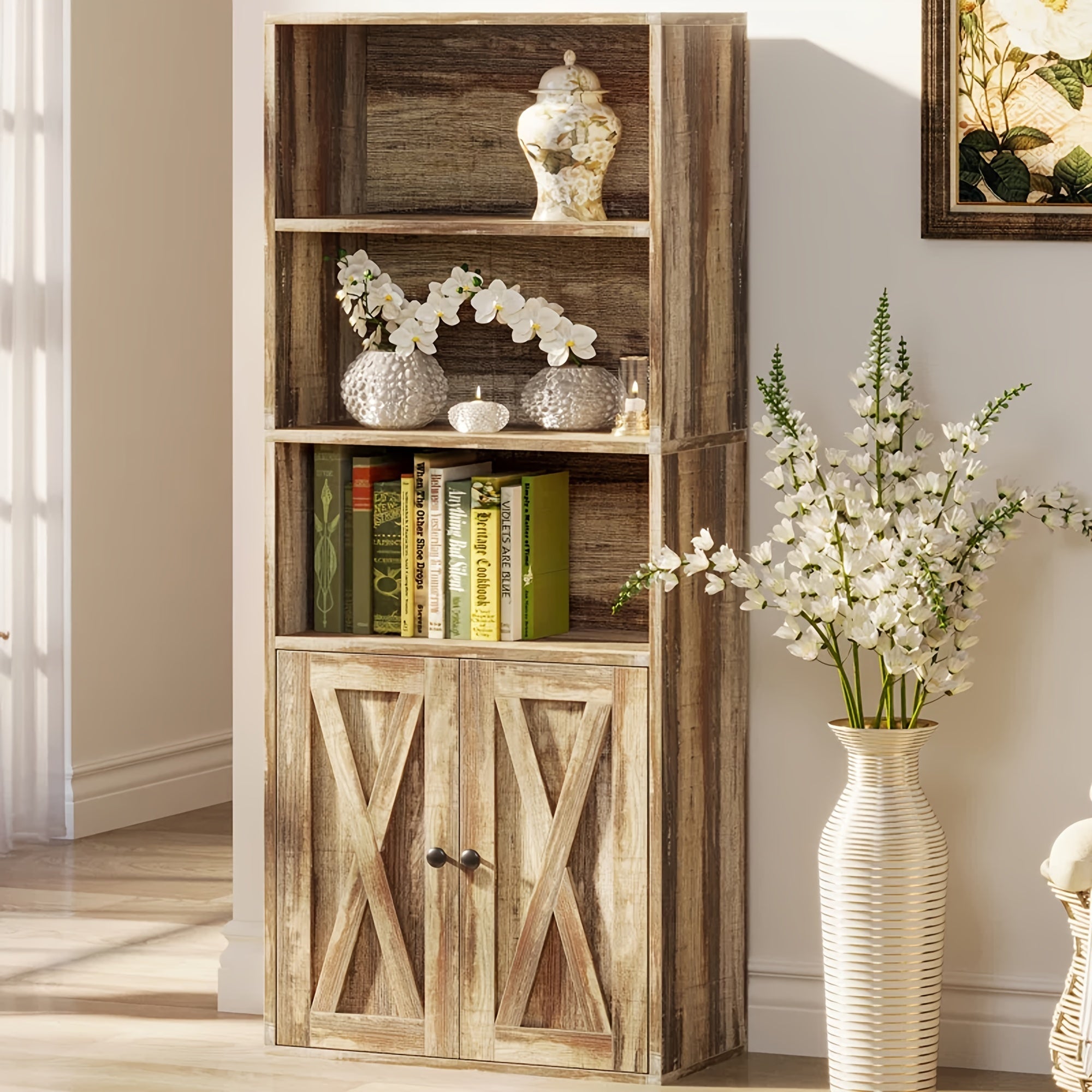 5-Tier Bookcase With Doors, Display Storage Shelves, Bookcase Home Decor Furniture For Office, Living Room, Bedroom