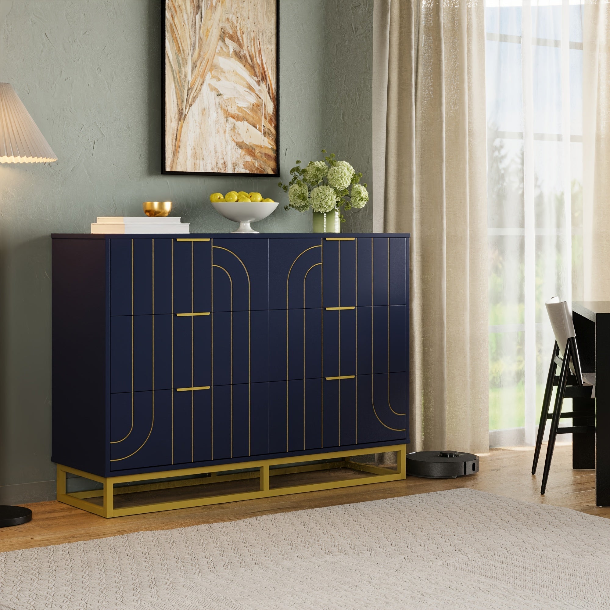 Elegant 122cm Dark Blue & Golden Modern Wooden Dresser - Versatile File Storage Cabinet with 6 Drawers, Easy Assembly, Durable Construction for Bedroom, Living Room & Office - Ideal Housewarming Gift for Home Decor Enthusiasts,