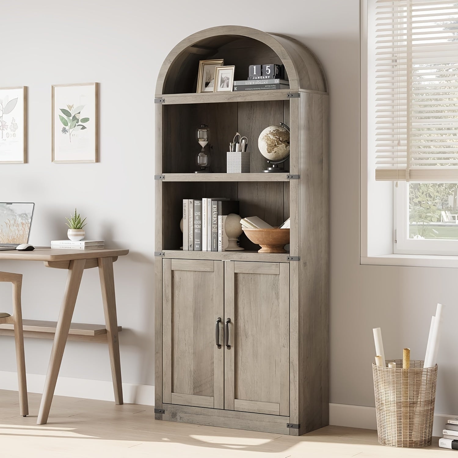 179cm High Bookcase With Doors Bookcase Arched Bookshelf Farmhouse Cabinet With Shelves Bookcase For Home Office, Living Room