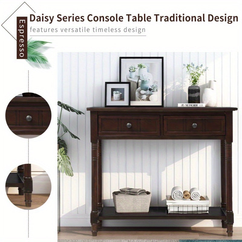 Modern Metal Console Table with Two Drawers and Bottom Shelf, Sturdy & Stylish Leg Base, No Wood, Elegant Space-Saving Solution with Espresso Finish for Entryway, Living Room (Dimensions in cm)