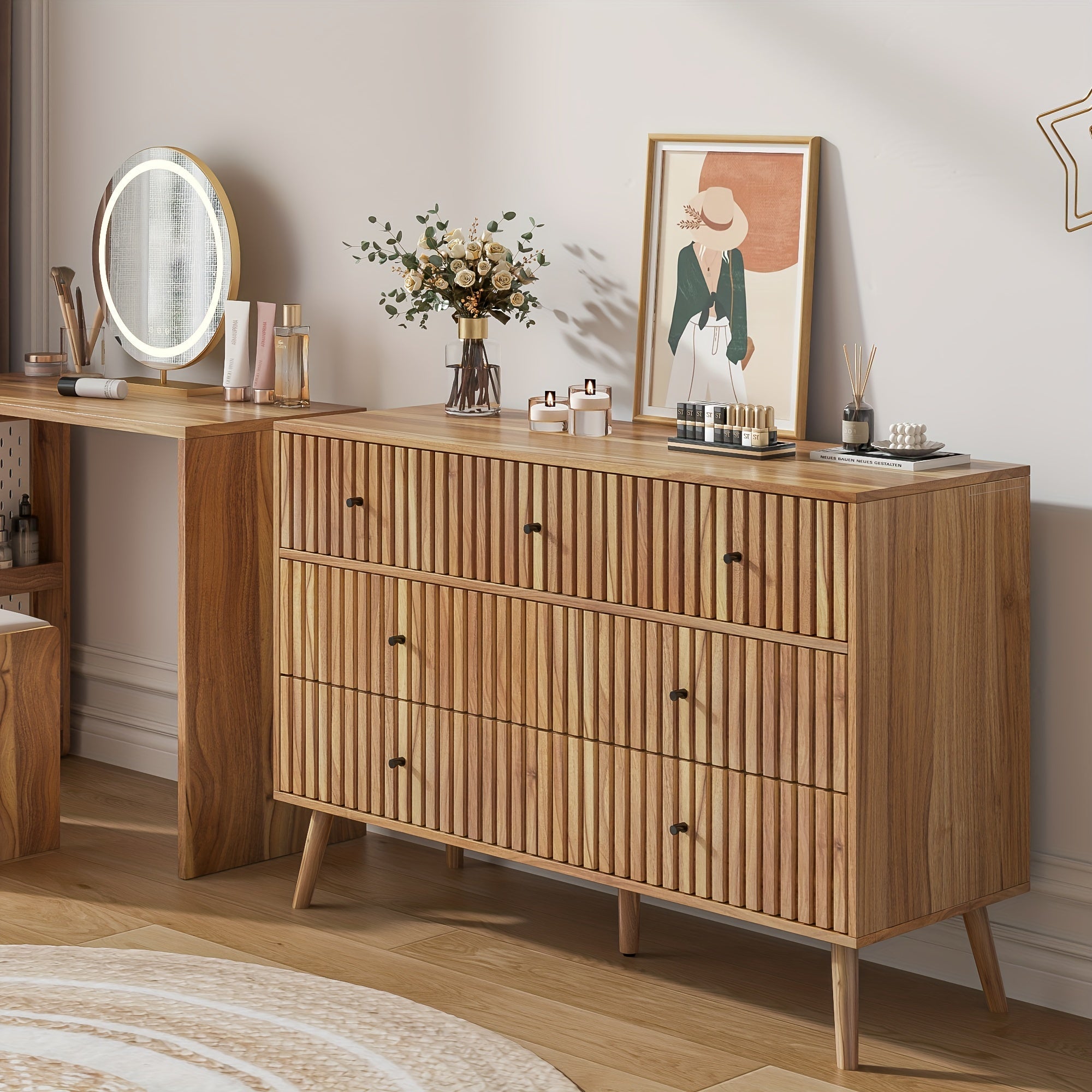 Modern Chest Of Drawers, Dresser Organizer Storage Cabinet With 7 Drawers Fluted Panel For Living Room, Entryway, Hallway