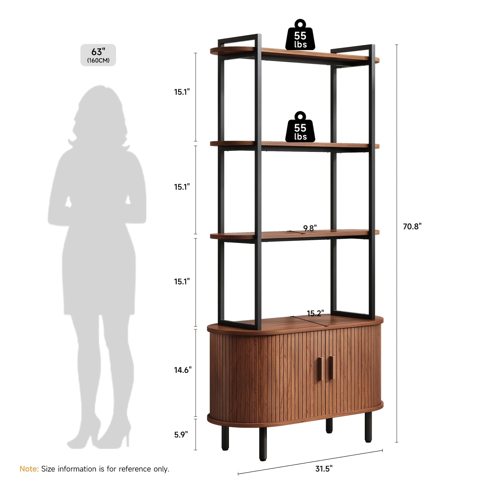 4-Tier Open Bookshelf 180cm High Floor Standing Display Bookcase Storage Rack With Storage Cabinets Living Room, Bedroom, Home Office Display Shelf Walnut