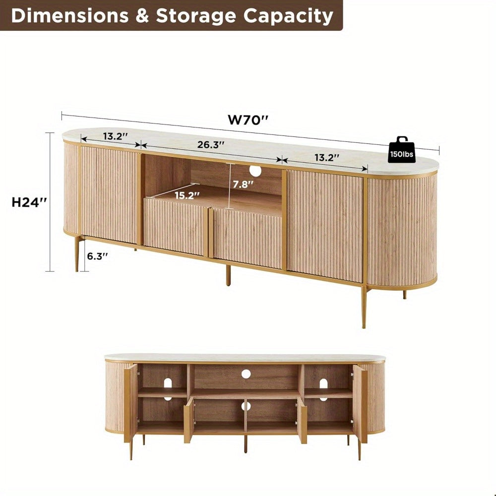 Luxury 70" Fluted TV Stand, Modern Entertainment Center for TVs Up to 80 inches, TV Console with Faux Marble Top, Curved Profile Design, Media Console for Living Room, Natural Oak