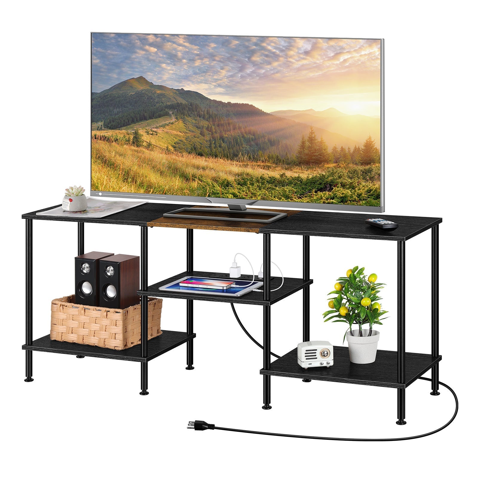 1pc Modern TV Stand for Up to 50-inch Screens - Metal and Hardwood Media Console with Storage, Power Outlets, and Adjustable Feet - MDF and Fiberboard Entertainment Center for Living Room or Bedroom