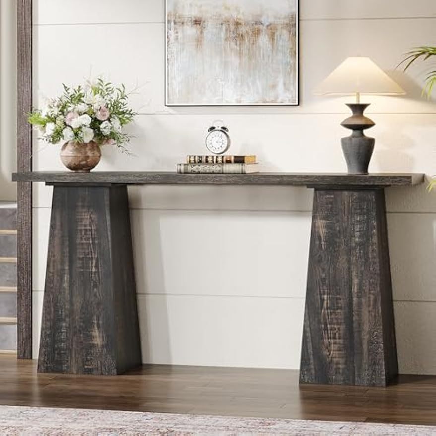 Rustic Console Table Wood Entryway Table for Living Room, 160 cm Narrow Sofa Table Farmhouse Vintage Couch Table Retro Hallway Accent Tables with Double Pedestal Base for Entrance, Ladder Racks, Storage and Organization