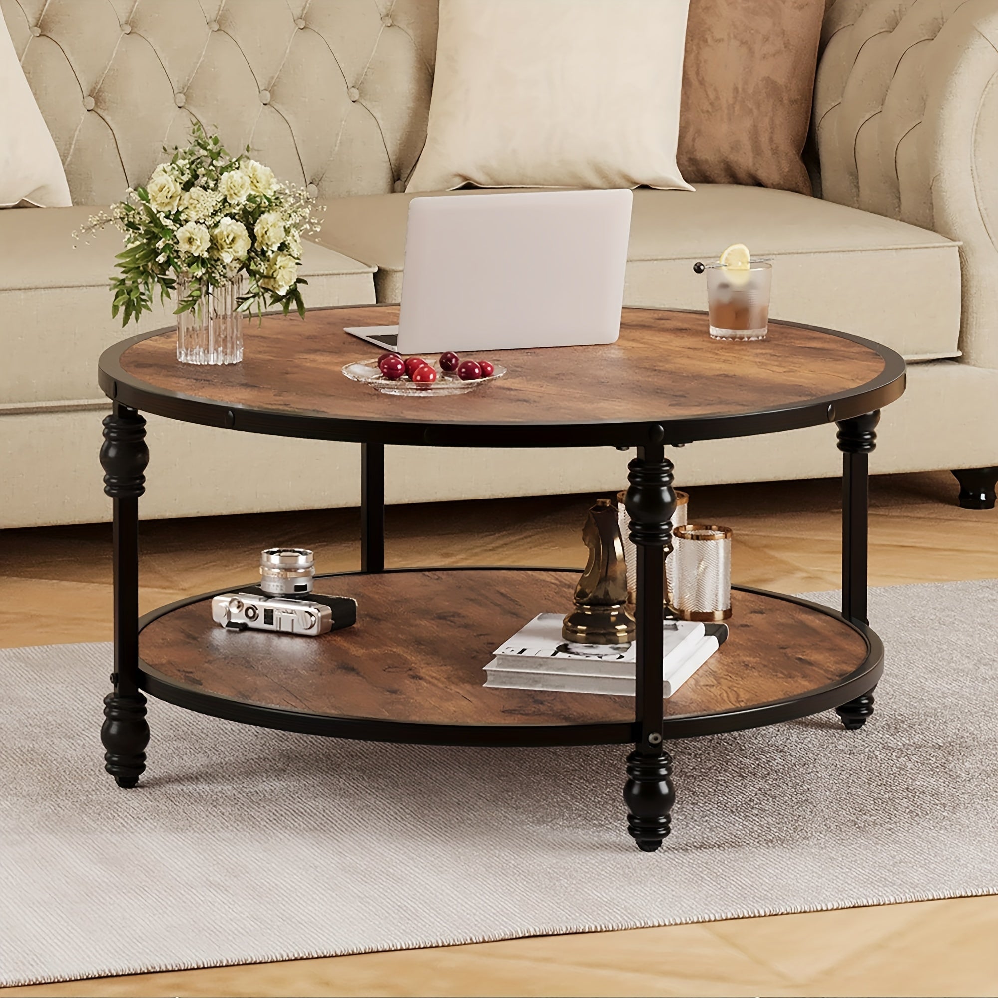 Round Coffee Table 89cm Industrial Center Table with Storage Shelf 2-Tier Rustic Accent Center Table Wood Circle Coffee Table with Sturdy Metal Legs, Easy Assembly