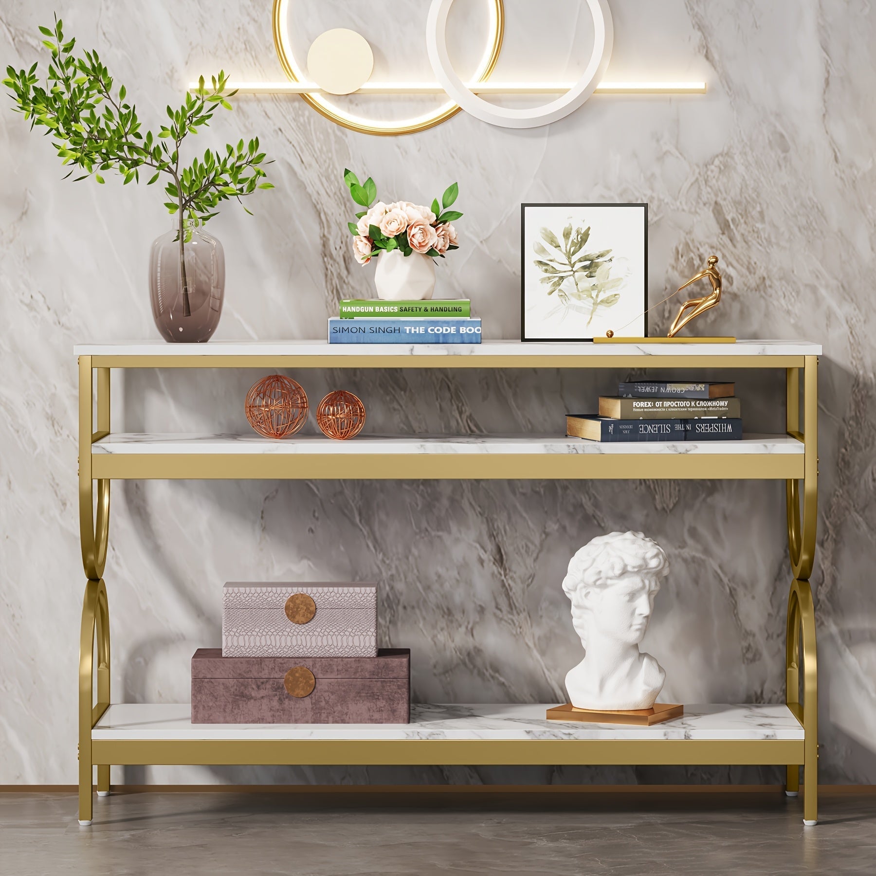 Elegant 140 cm White & Golden Console Table with Faux Marble Top - 3-Tier Open Storage Shelves, Sturdy Wood & Iron Construction, Ideal for Entryway, Living Room Decor, Table Decor