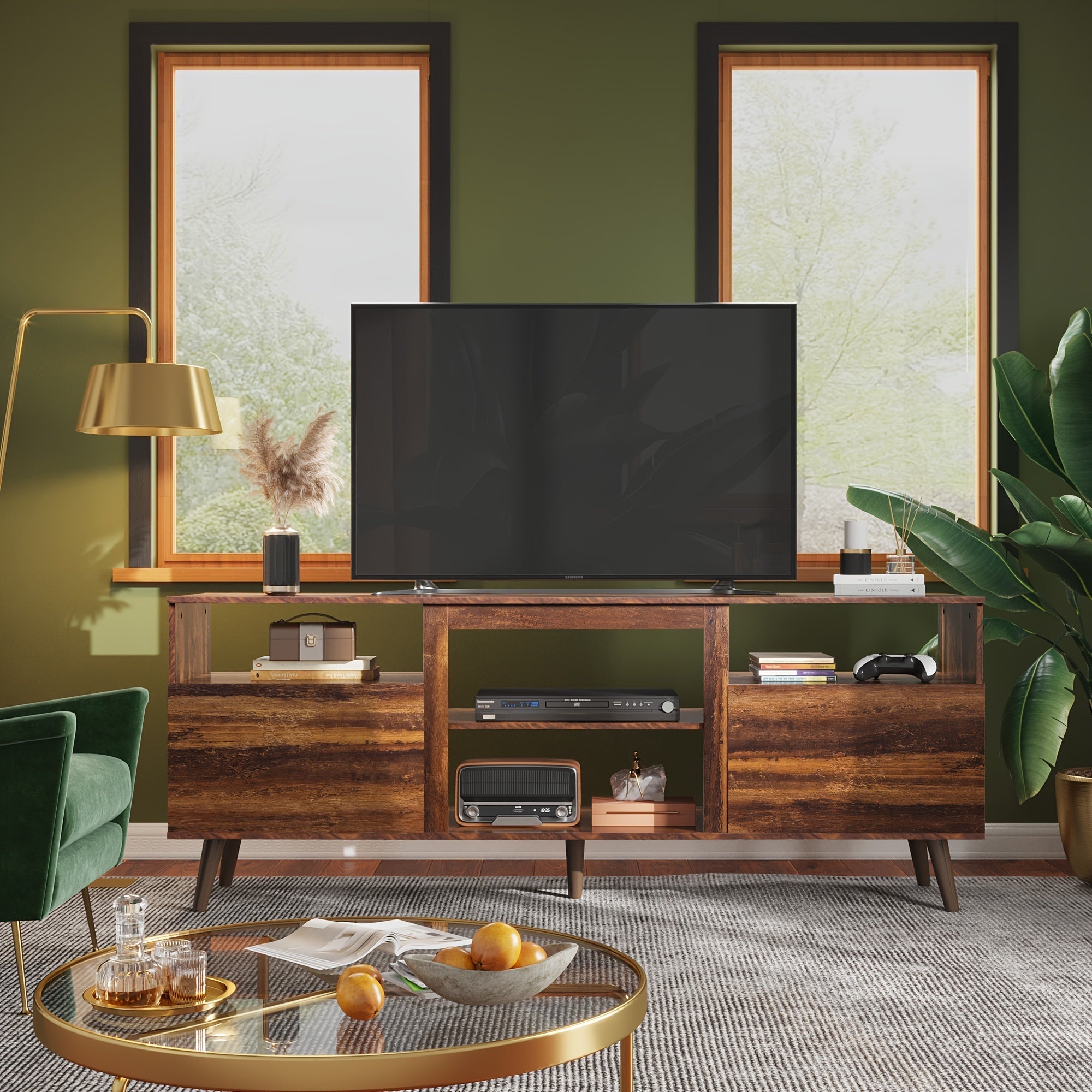 Mid-Century Modern TV Stand for 165cm TV - Hardwood Console with Open Shelves, MDF & Particle Board Construction, Freestanding Entertainment Center for Living Room and Bedroom