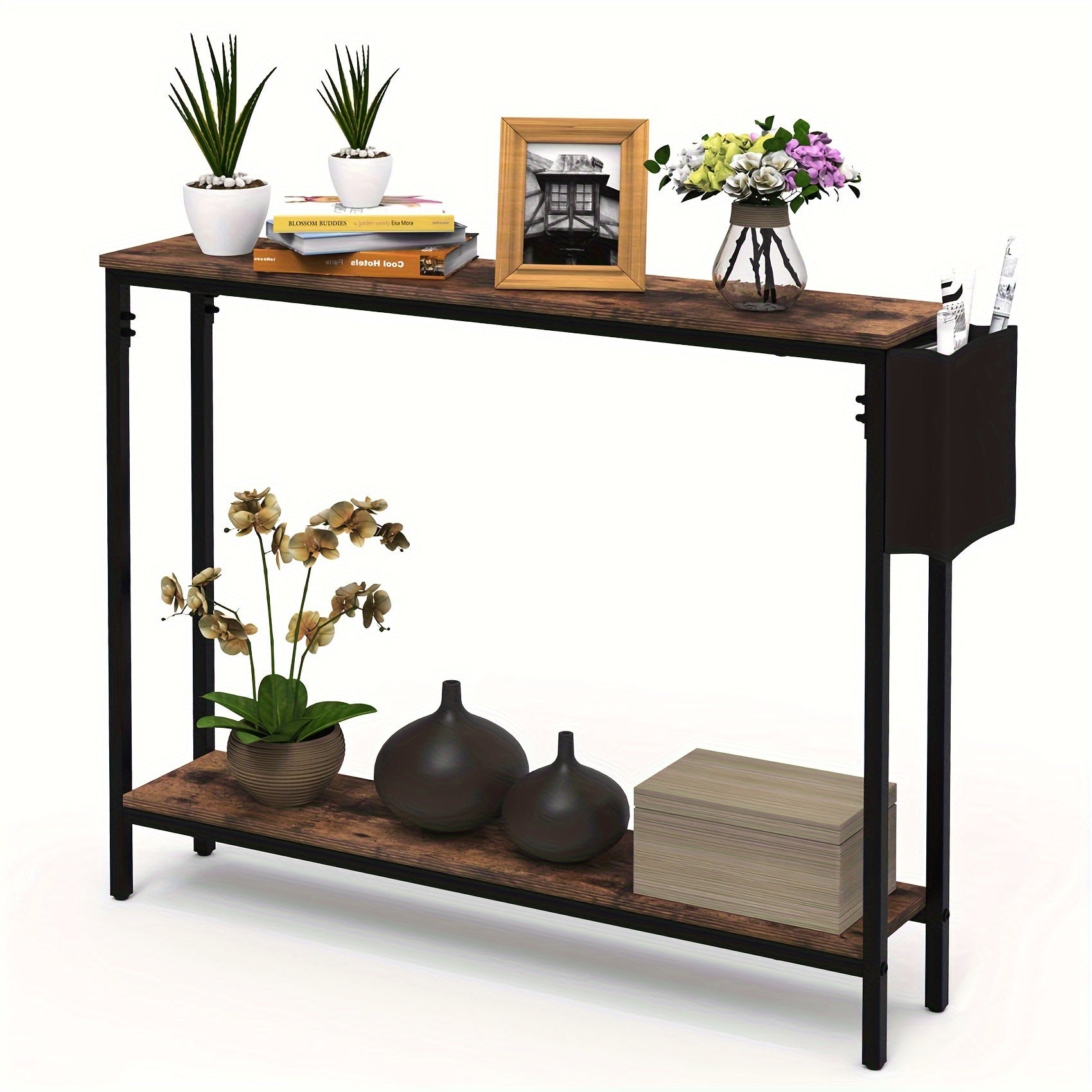 100 cm Console Entryway Table, 2-Tier Industrial Narrow Sofa Table with Storage Shelves for Hallway, Living Room, Bedroom, Foyer, Corridor, Office, Rustic Brown and Black