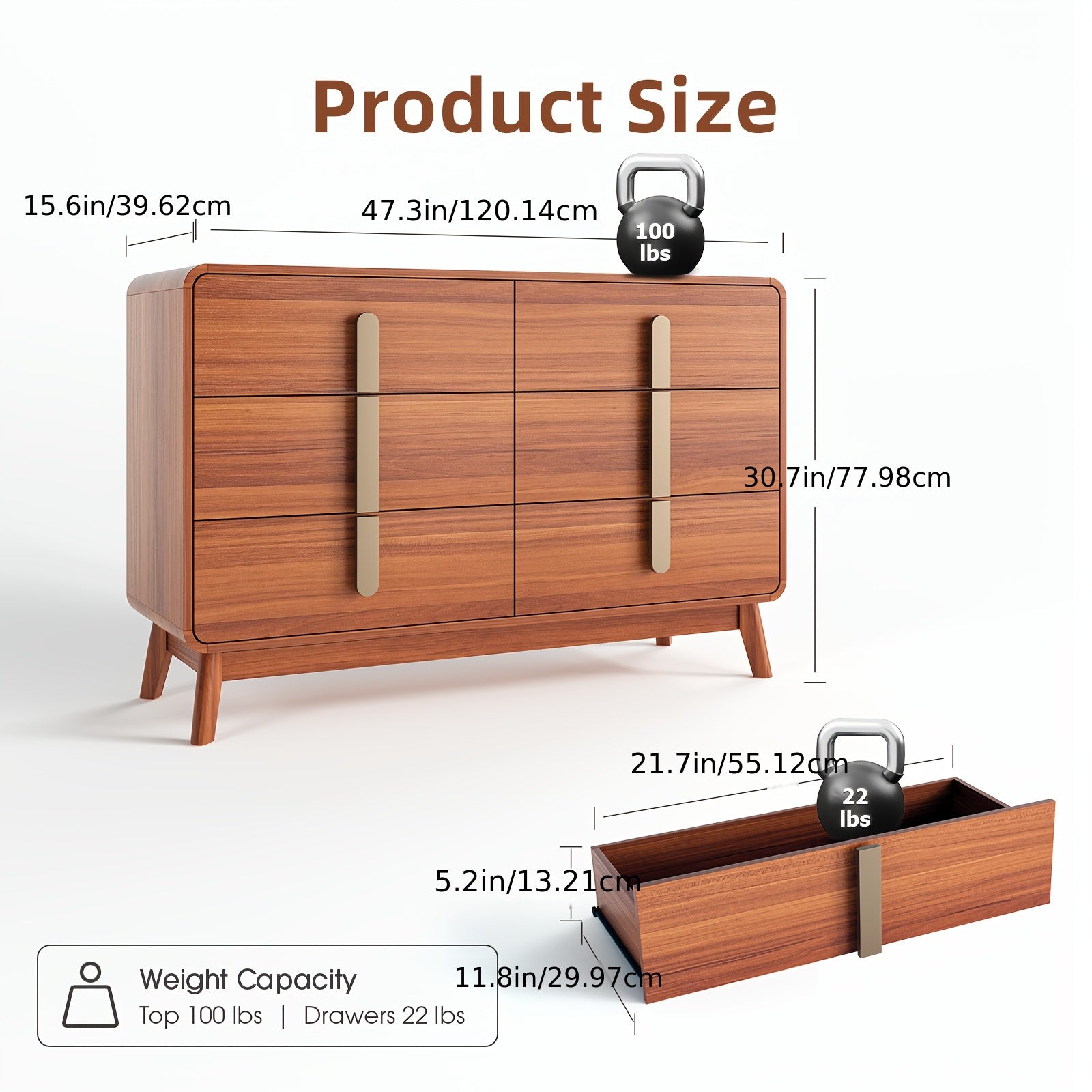 1pc Mid-Century Modern 6-Drawer Dresser Mid-Century Modern 6-Drawer Dresser, Hardwood Chest of Drawers with Metal Handles, Floor-Standing Wood Furniture, Flat Panel Doors, Engineered Wood Back, with No Electricity R