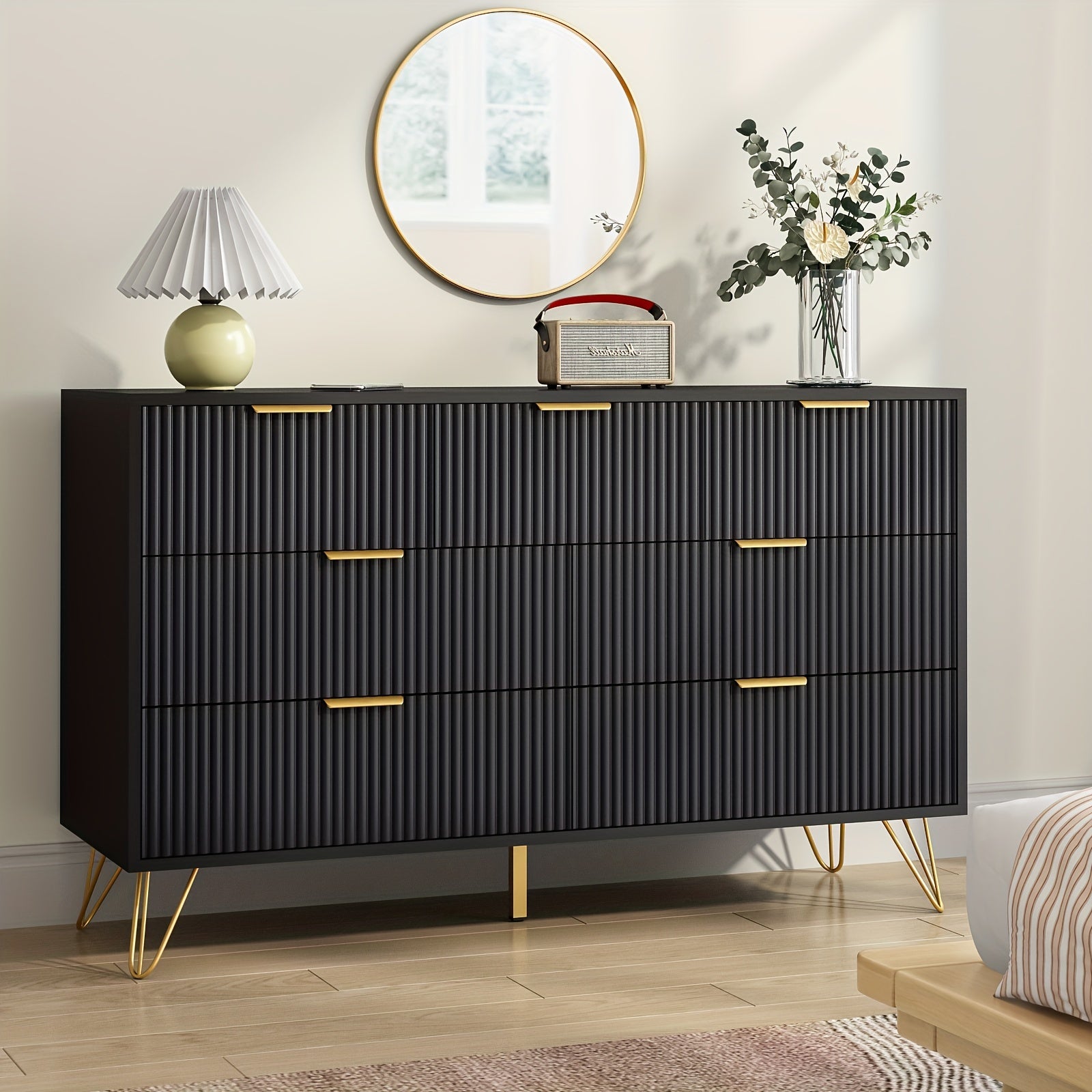 Modern Fluted Wood Dresser with Golden Handle, 7 Drawers - White Storage Organizer for Bedroom, Living Room, Hallway, Entryway