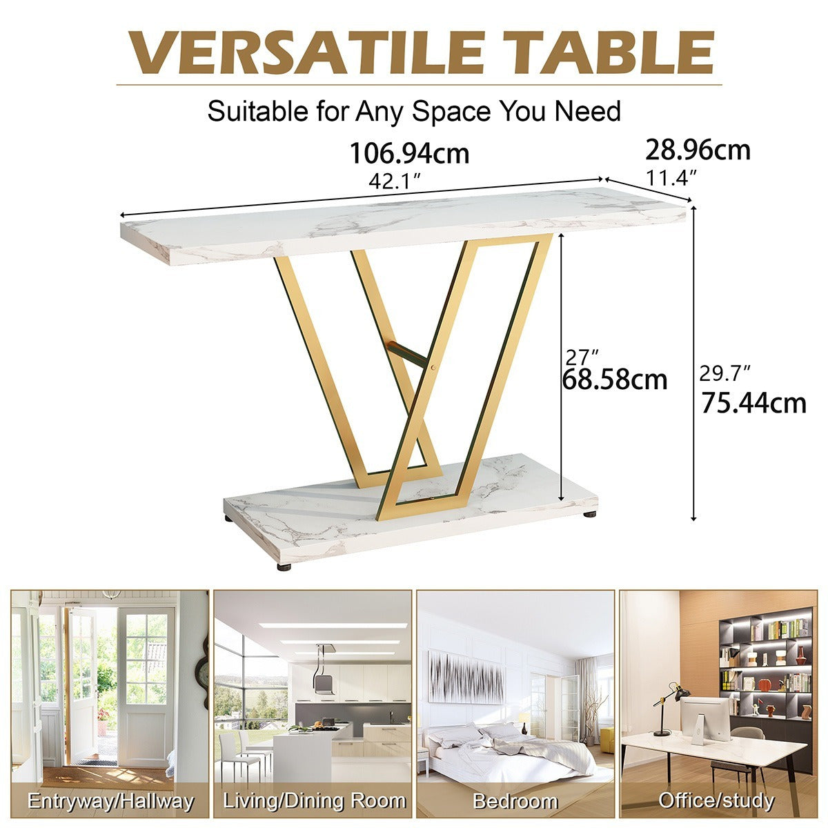 Console Table: 106.68 cm Industrial Entryway Table for Living Room - Narrow Sofa Table with Sturdy Metal Frame, Easy Assembly in Elegant Golden/White - Perfect for Holiday Decor and Creating a Warm, Welcoming Entrance