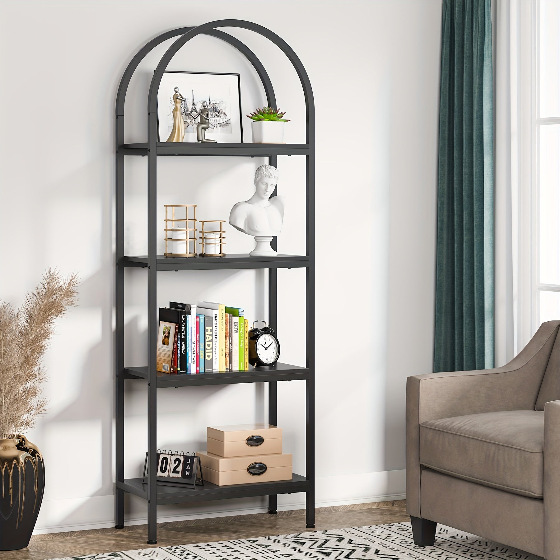 Industrial Arched 4-Tier Bookshelf: This 180cm Standing Bookcase Features A Metal Frame And Storage Shelves. It Serves As Both A Farmhouse Storage Rack And Stylish Addition To Your Living Room Or Home Office