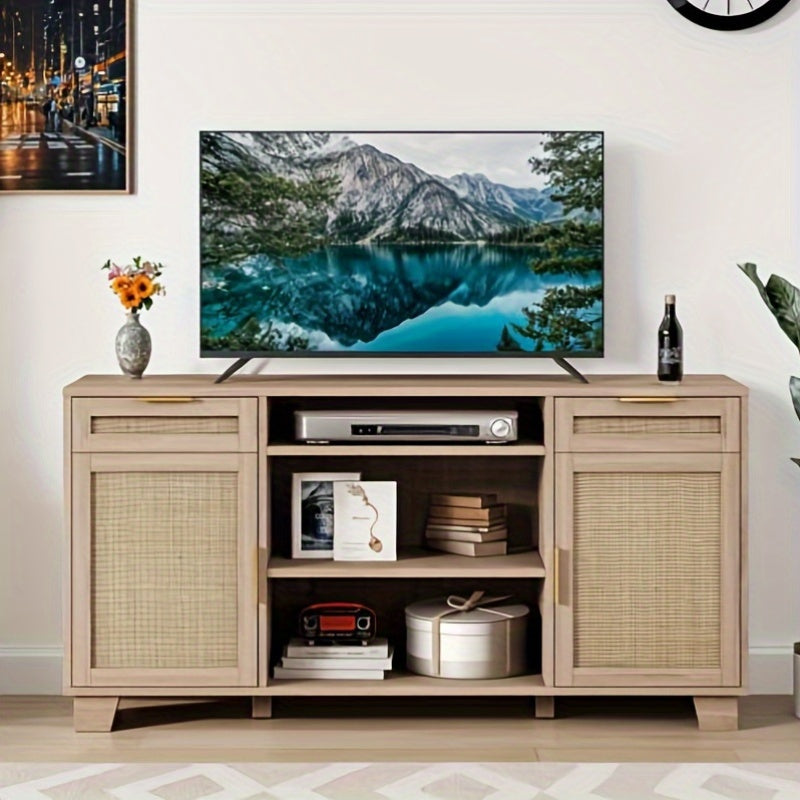 1pc Mid-Century Modern TV Stand with Storage Drawers, Adjustable Shelf, Artificial Board Construction, Hardwood Rattan Design, No Electricity Required