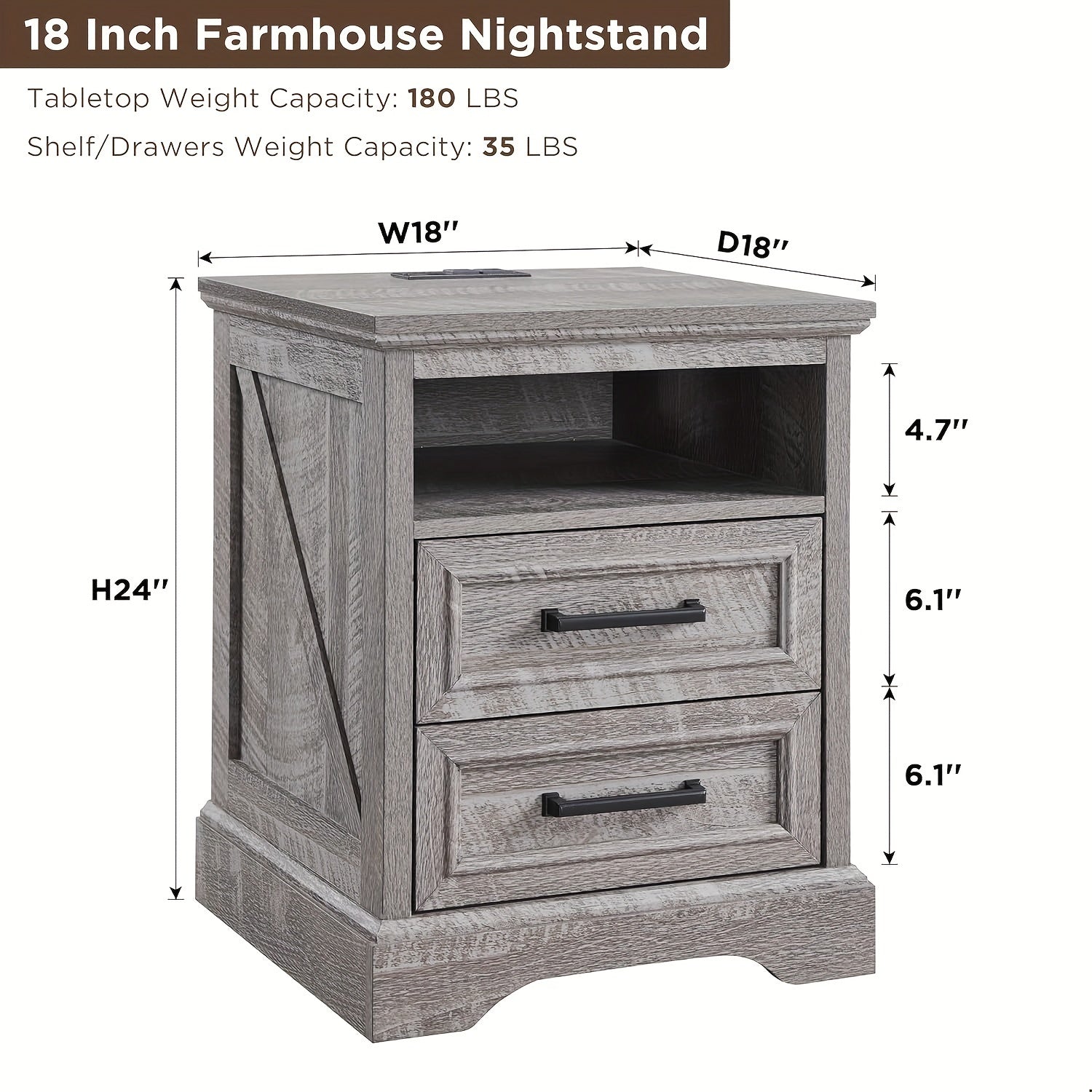 45cm Farmhouse End Table with Charging Station, Nightstand with 2 Drawers Storage, Side Table, Bedside Cabinet for Living Room, Bed Room