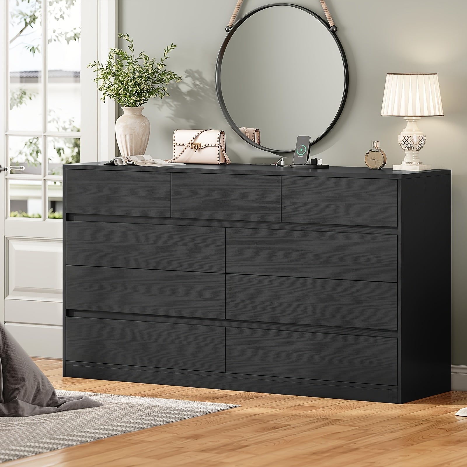 Black Vanity Dresser For Bedroom, 140cm Long Dresser With 9 Drawers, Dressers & Chest Of Drawers, Handle Free Drawers For Bedroom Living Room, Black