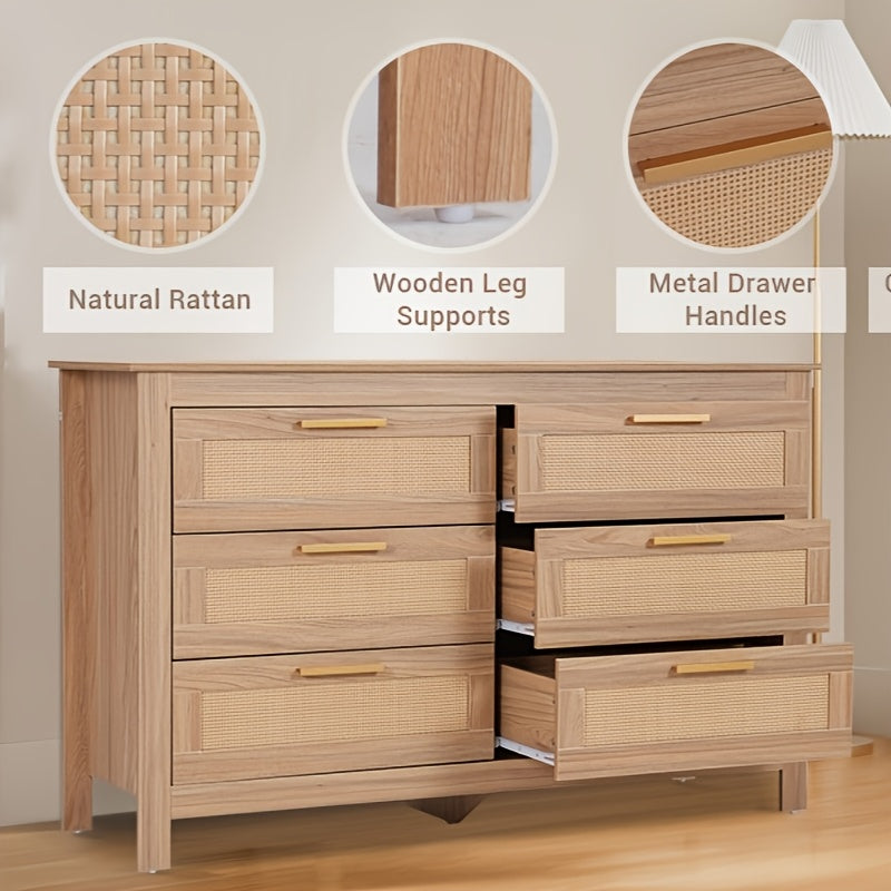 124cm Rattan Dresser For Bedroom Modern 6 Drawer Double Dresser With Handles, Wood Storage Chest Of Drawers Fo Bedroom Living Room Hallway Natural Style Home Kitchen Decorative, Keep Your Items Organized