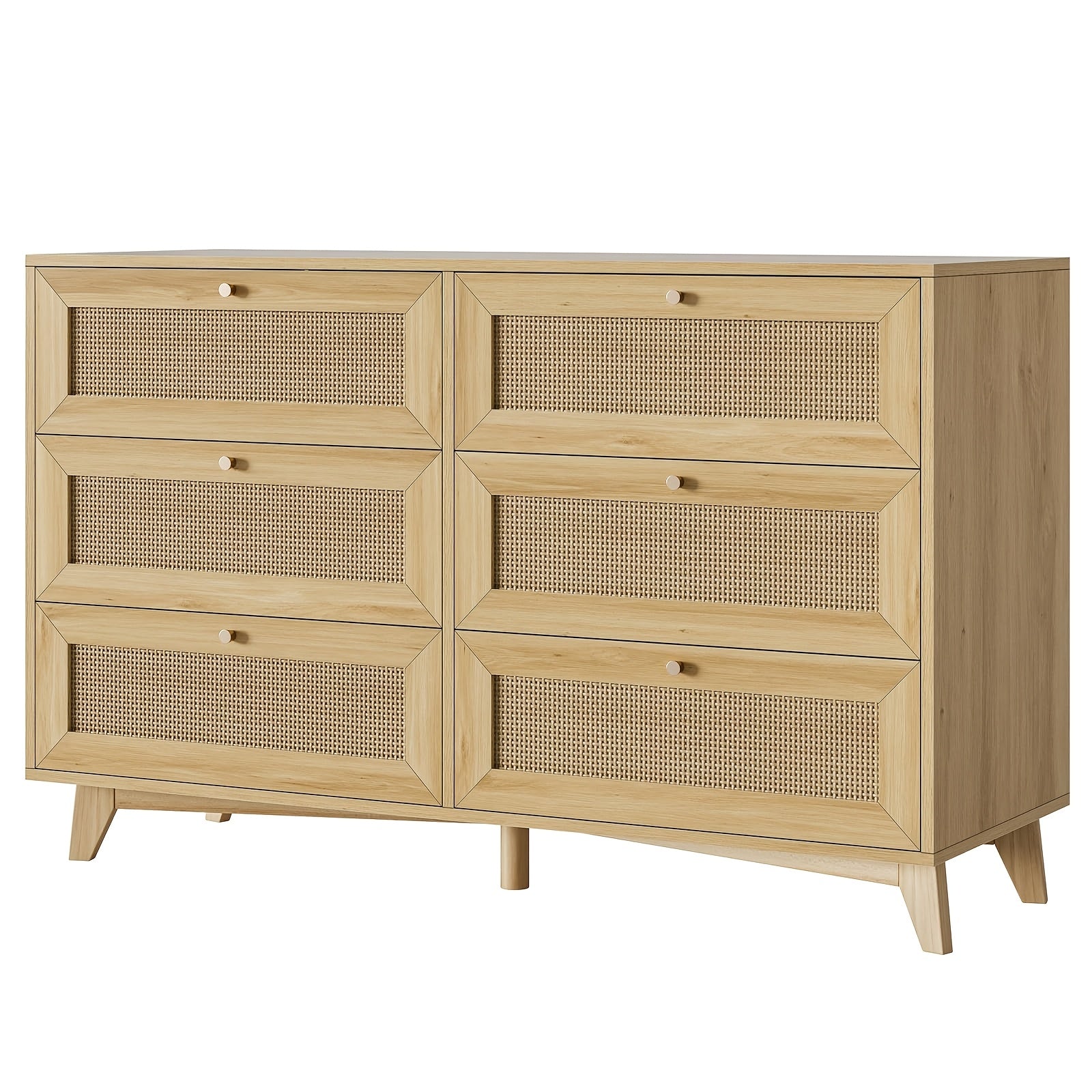 120cm Natural Rattan Dresser For Bedroom With 6 Drawers, Modern Double Wooden Wide Bedroom Dresser, Chest Of Drawers With Metal Handle & Solid Wood Legs For Bedroom/Living Room