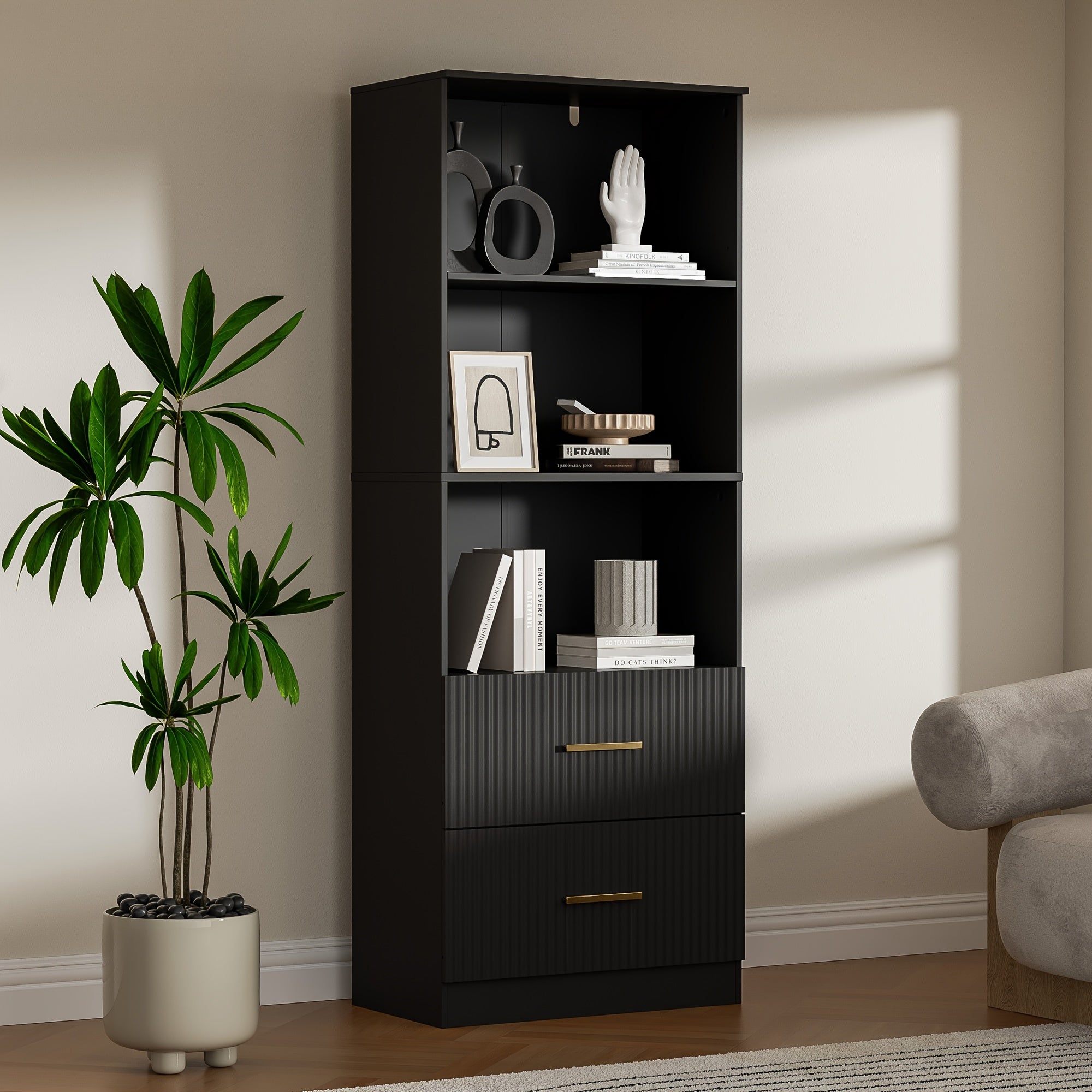 160cm tall bookshelf with 2 drawers, 3-layer modern bookshelf with adjustable shelves, corner open cube shelf, floor display bookshelf, suitable for living room, bedroom, office, white/black/rubber