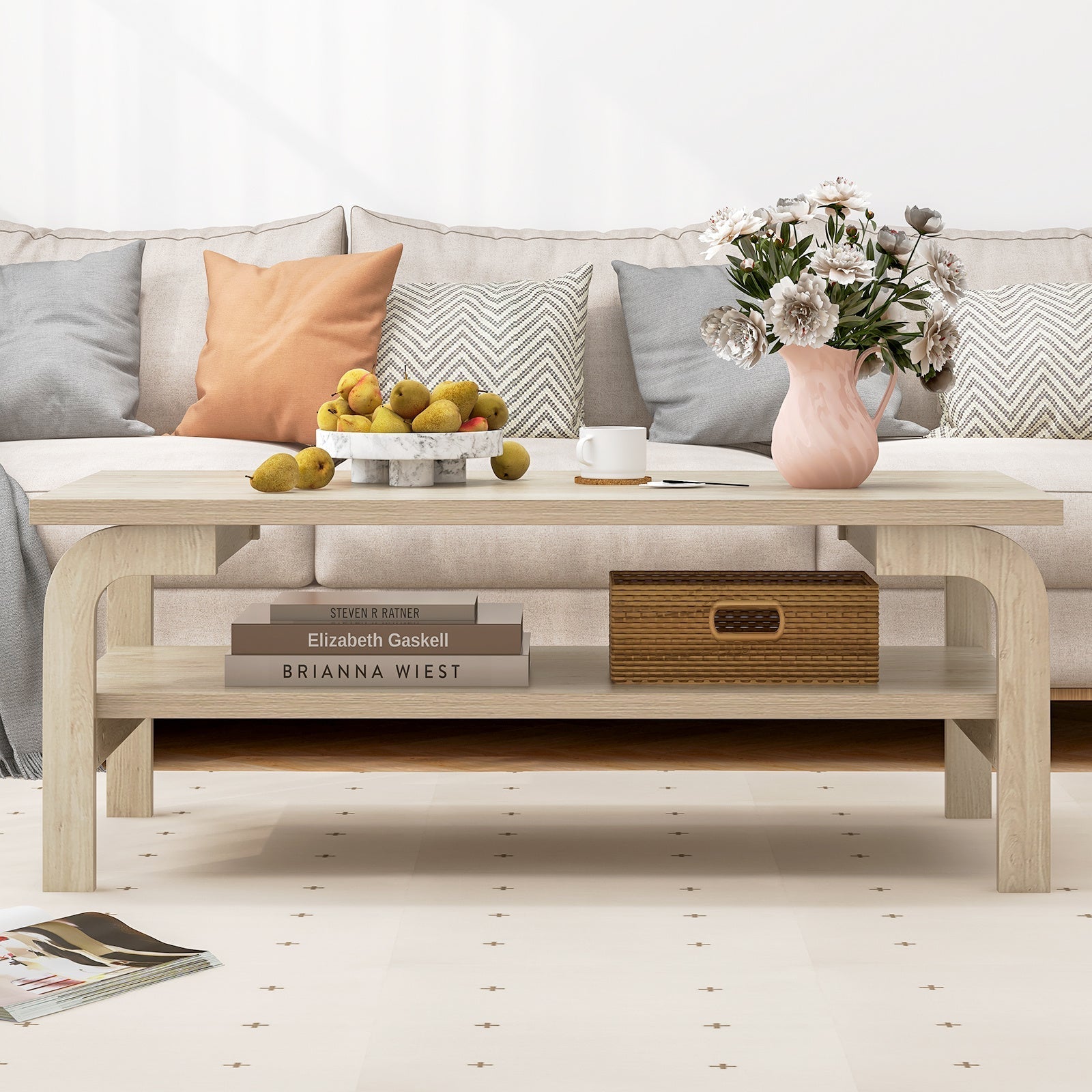 1pc Contemporary 120cm Rectangular Coffee Table with Storage Shelf and Curved Hardwood Legs for Living Room - Portable, Particleboard Construction